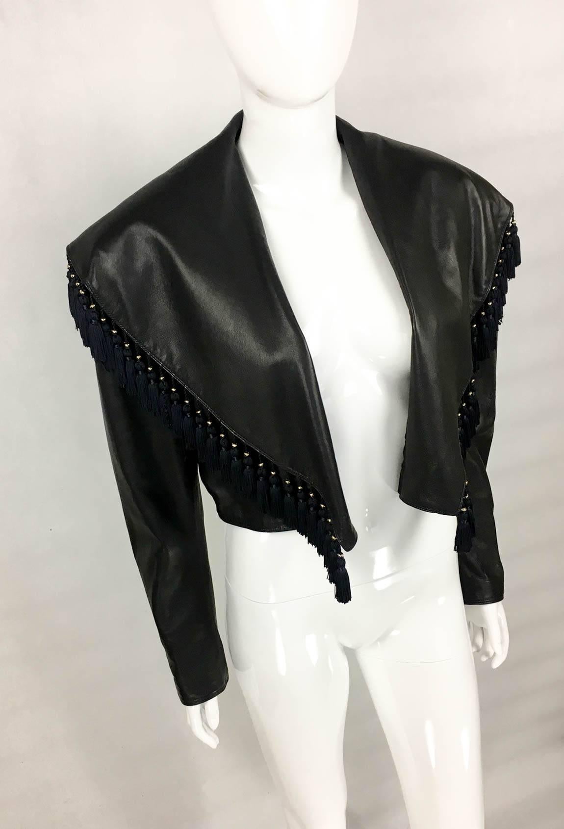 Women's Gianni Versace Black Leather Jacket With Tassel Embellished Collar, 1980s