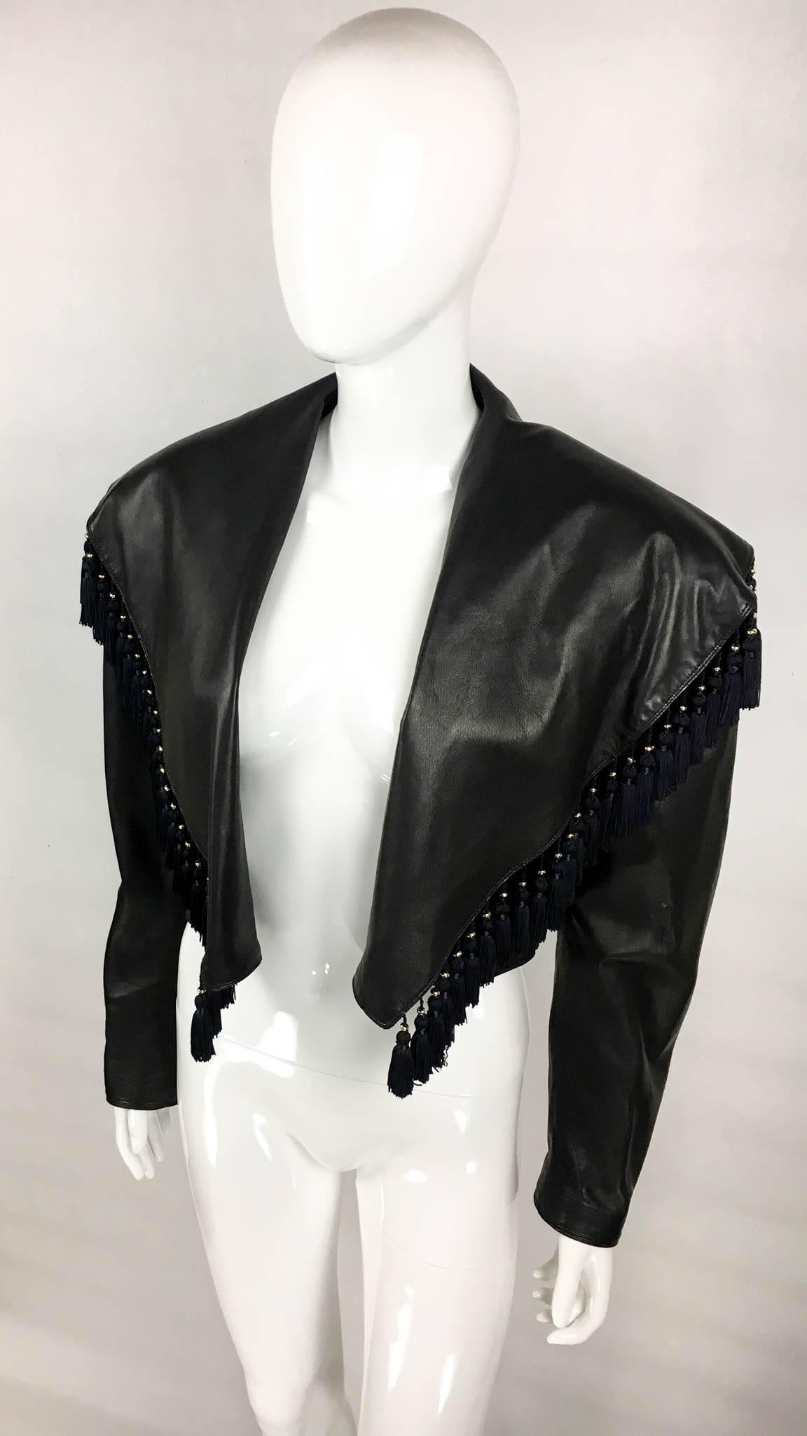 Gianni Versace Black Leather Jacket With Tassel Embellished Collar, 1980s 1