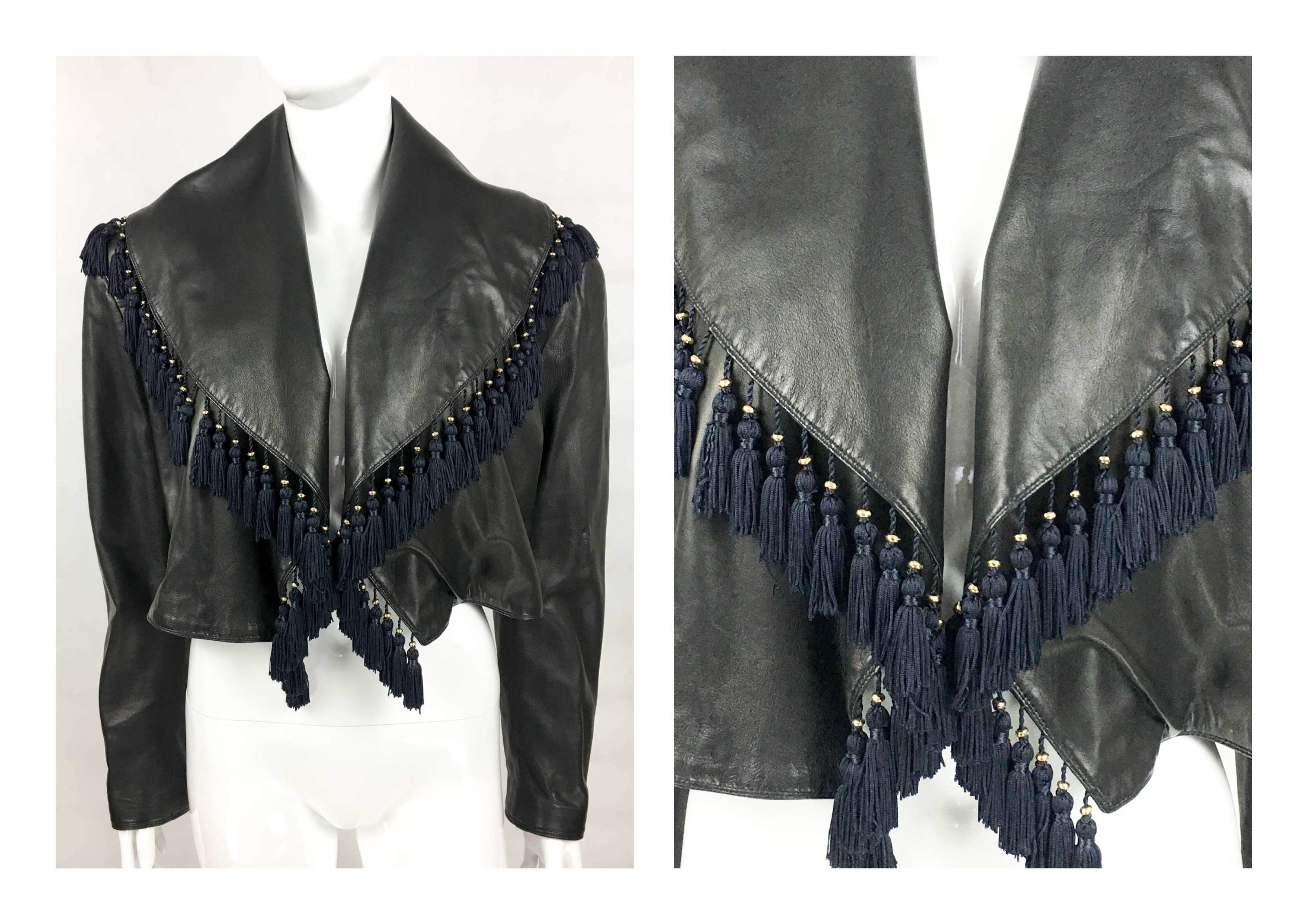 Gianni Versace Black Leather Jacket With Tassel Embellished Collar, 1980s 2