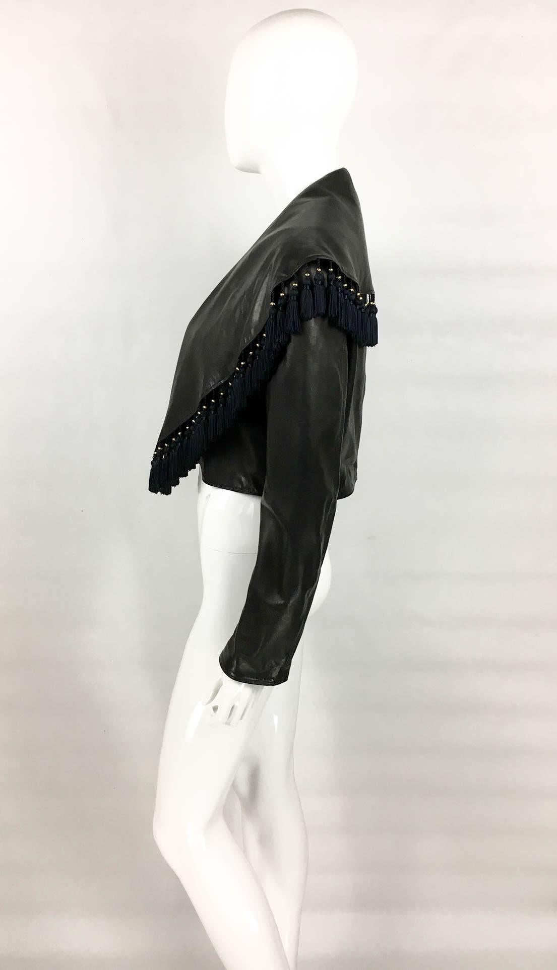 Gianni Versace Black Leather Jacket With Tassel Embellished Collar, 1980s 3