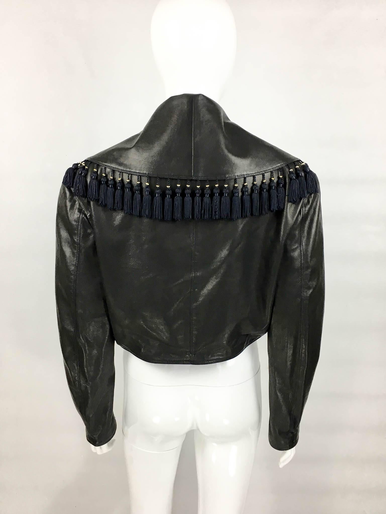 Gianni Versace Black Leather Jacket With Tassel Embellished Collar, 1980s 4