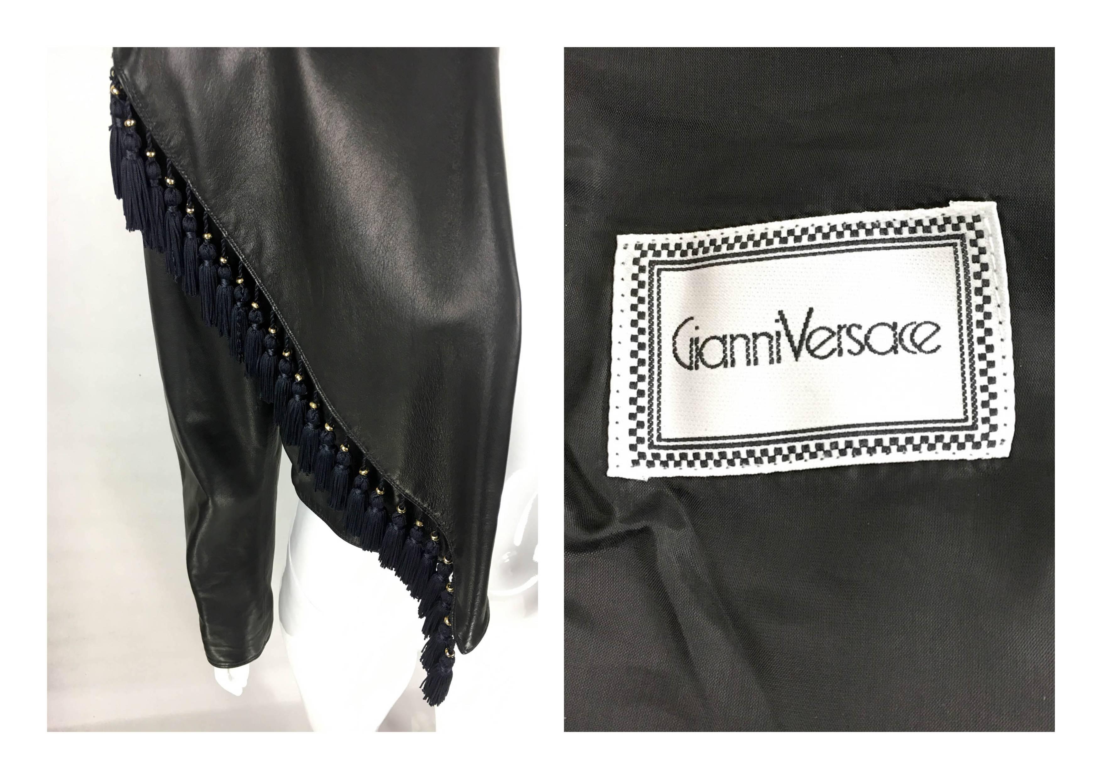 Gianni Versace Black Leather Jacket With Tassel Embellished Collar, 1980s 5