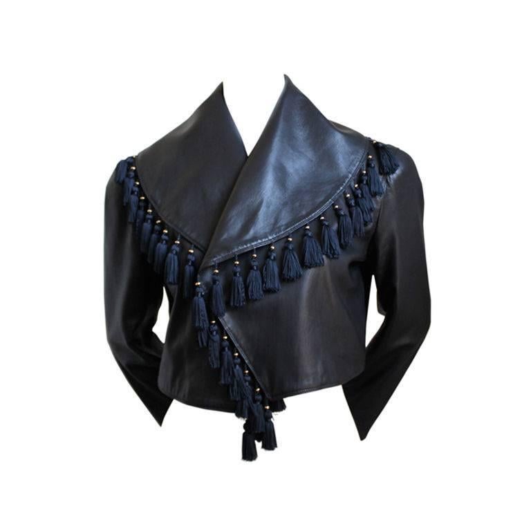 Gianni Versace Black Leather Jacket With Tassel Embellished Collar, 1980s 6