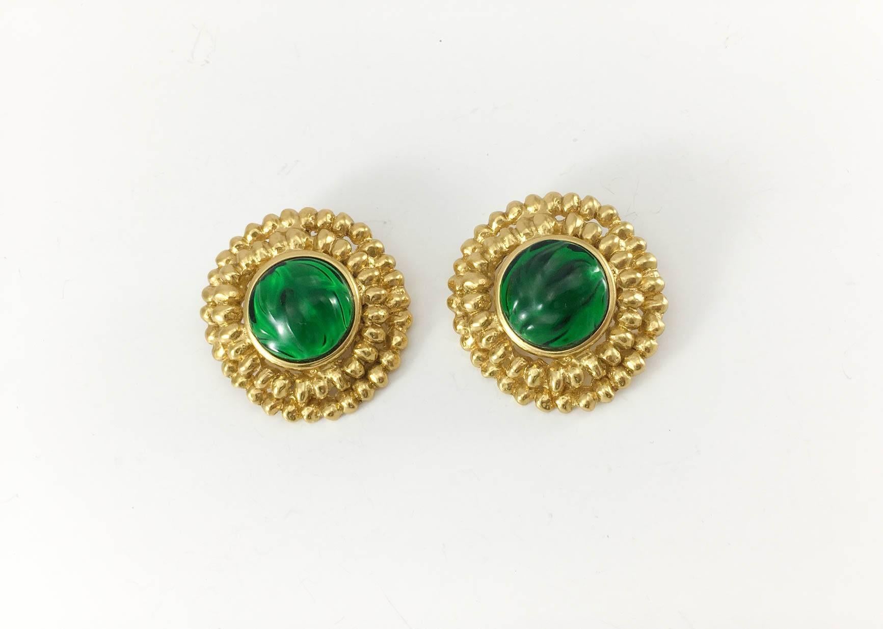 Women's Yves Saint Laurent Green Gripoix Gold-Plated Earrings, by Goossens - 1980s