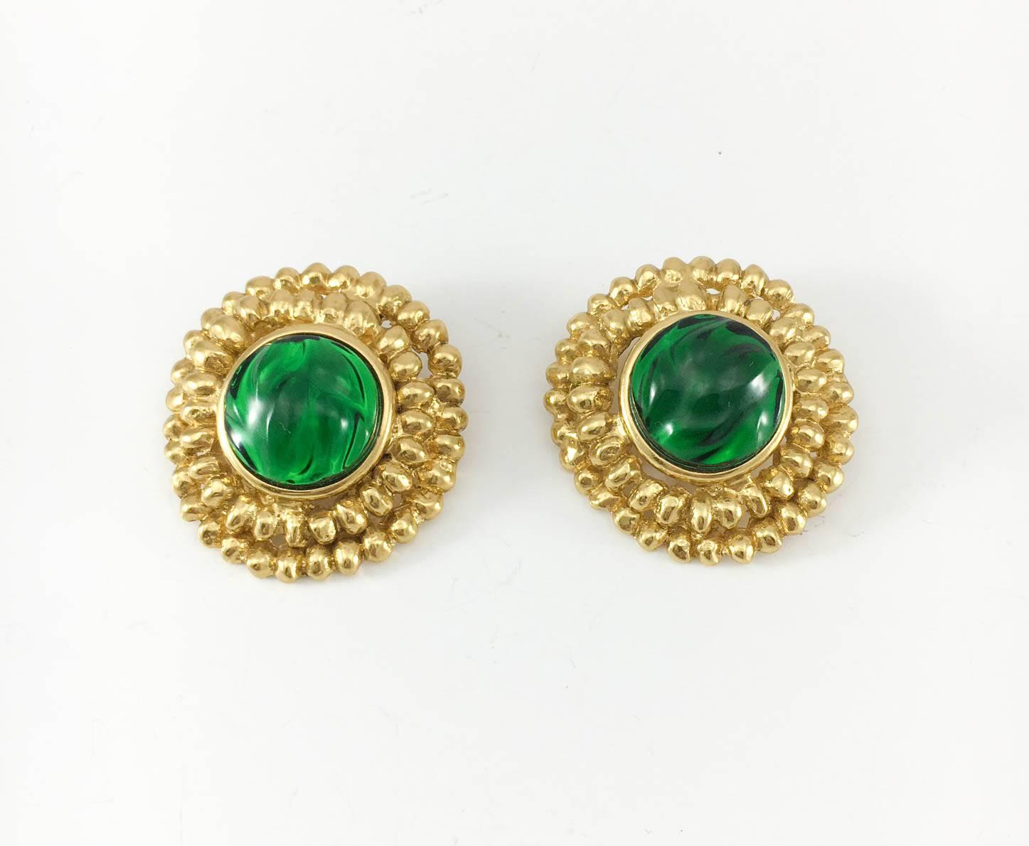 Vintage Yves Saint Laurent Gripoix Gold-Plated Clip-on Earring. These gorgeous Yves Saint Laurent earrings by Robert Goossens are gold-plated and feature deep emerald green Gripoix (poured glass) resembling the Byzantine look. These earrings