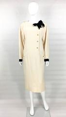 Chanel Champagne Silk Dress With Black Velvet Cuffs and Bow - 1980s