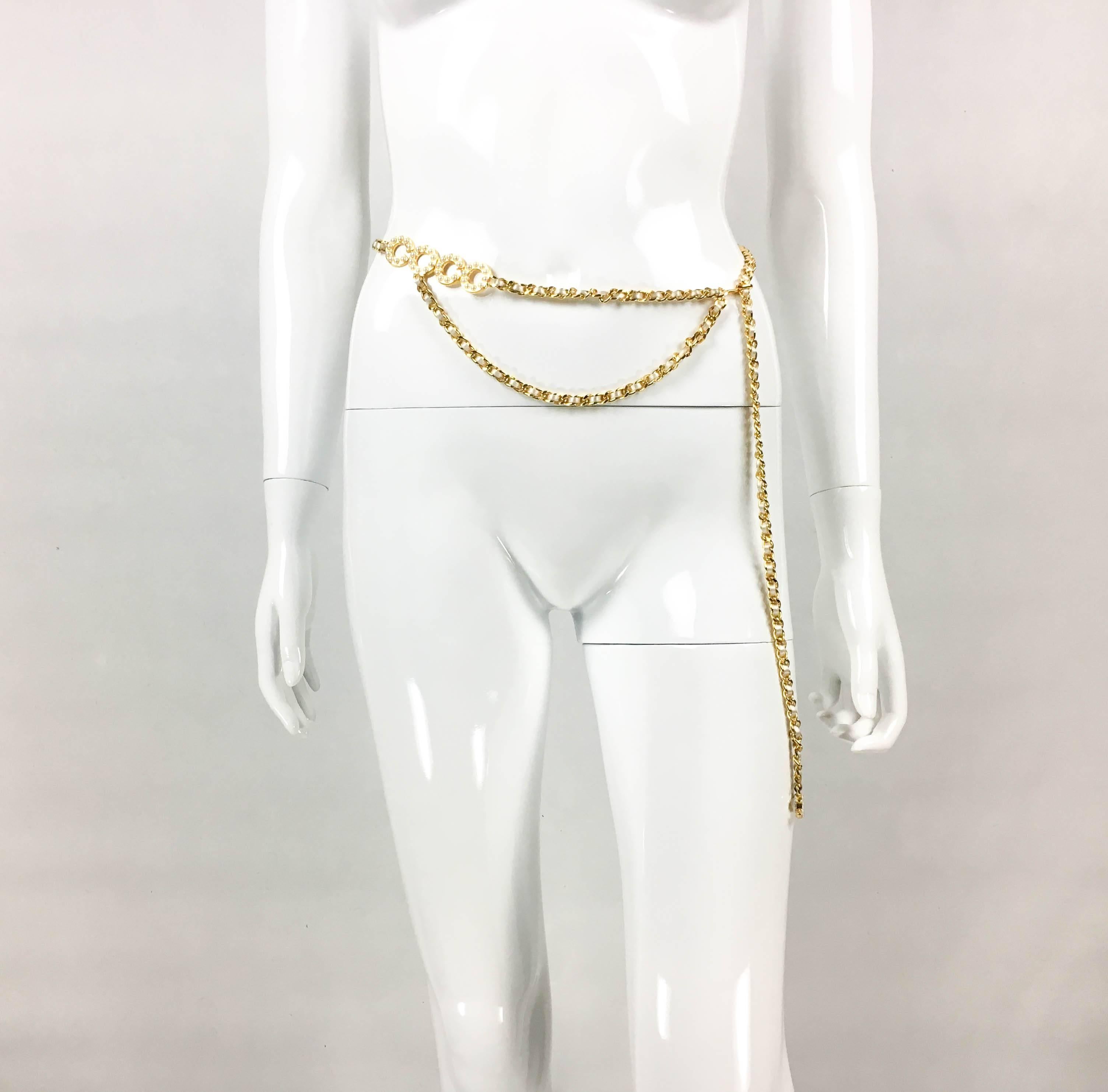Beige Chanel Gold-Tone Woven Chain and Faux Pearl 'Coco' Belt / Necklace - 2001