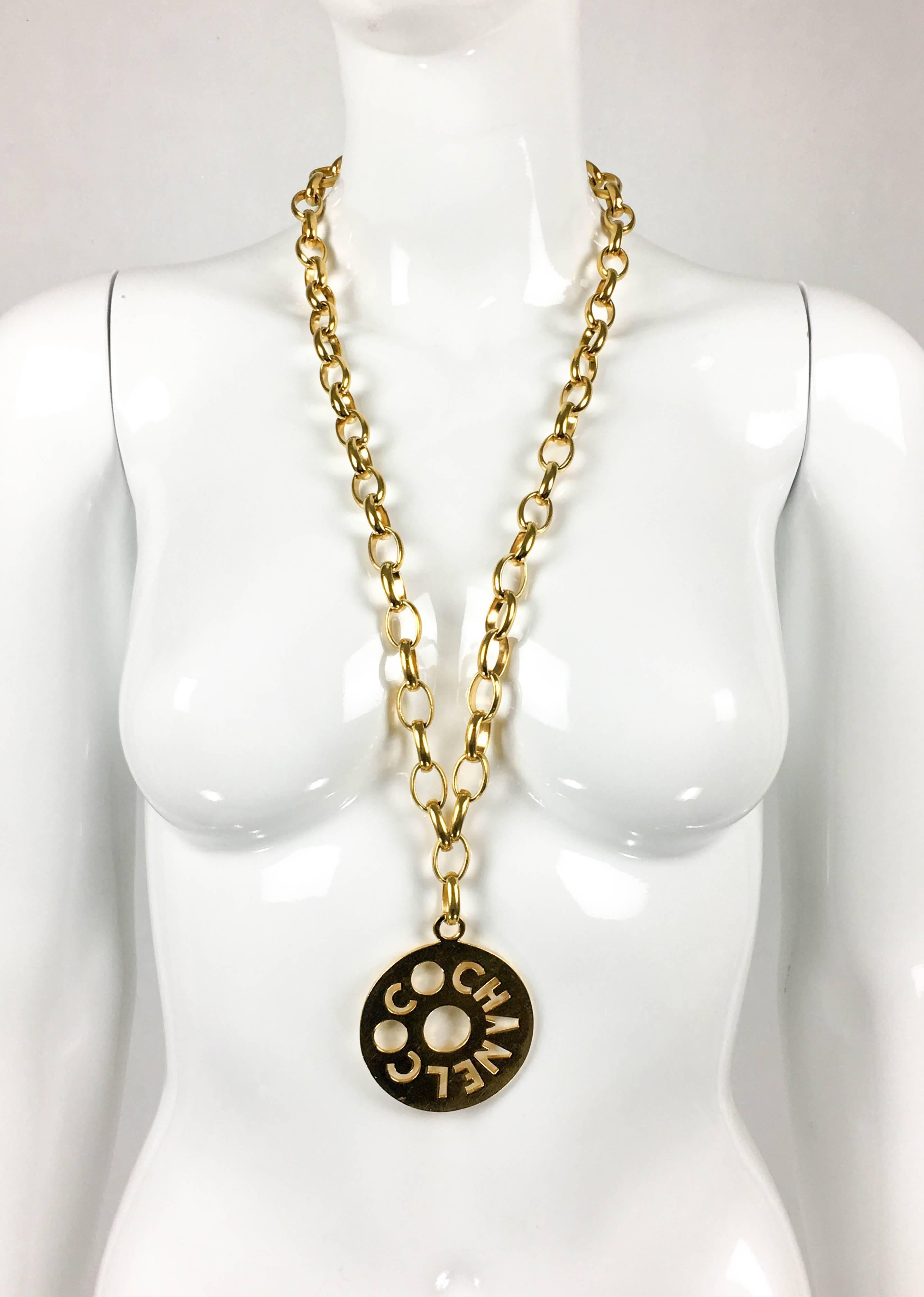 Women's Chanel Chunky Gold-Tone 'Coco Chanel' Disk Pendant Chain Necklace - 1970's