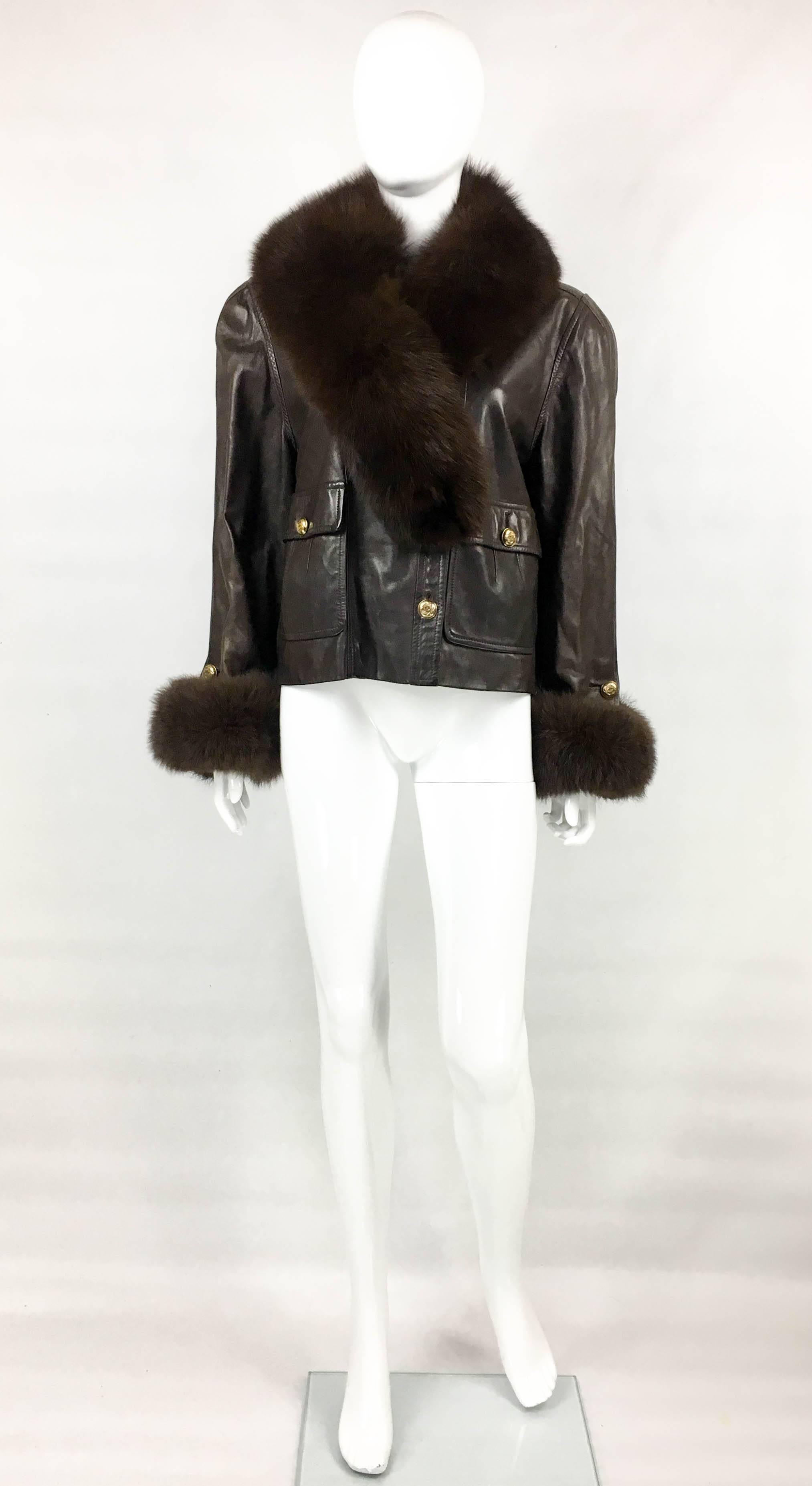 Black 1980s Chanel Brown Leather Jacket With Fox Fur Cuffs and Removable Collar For Sale