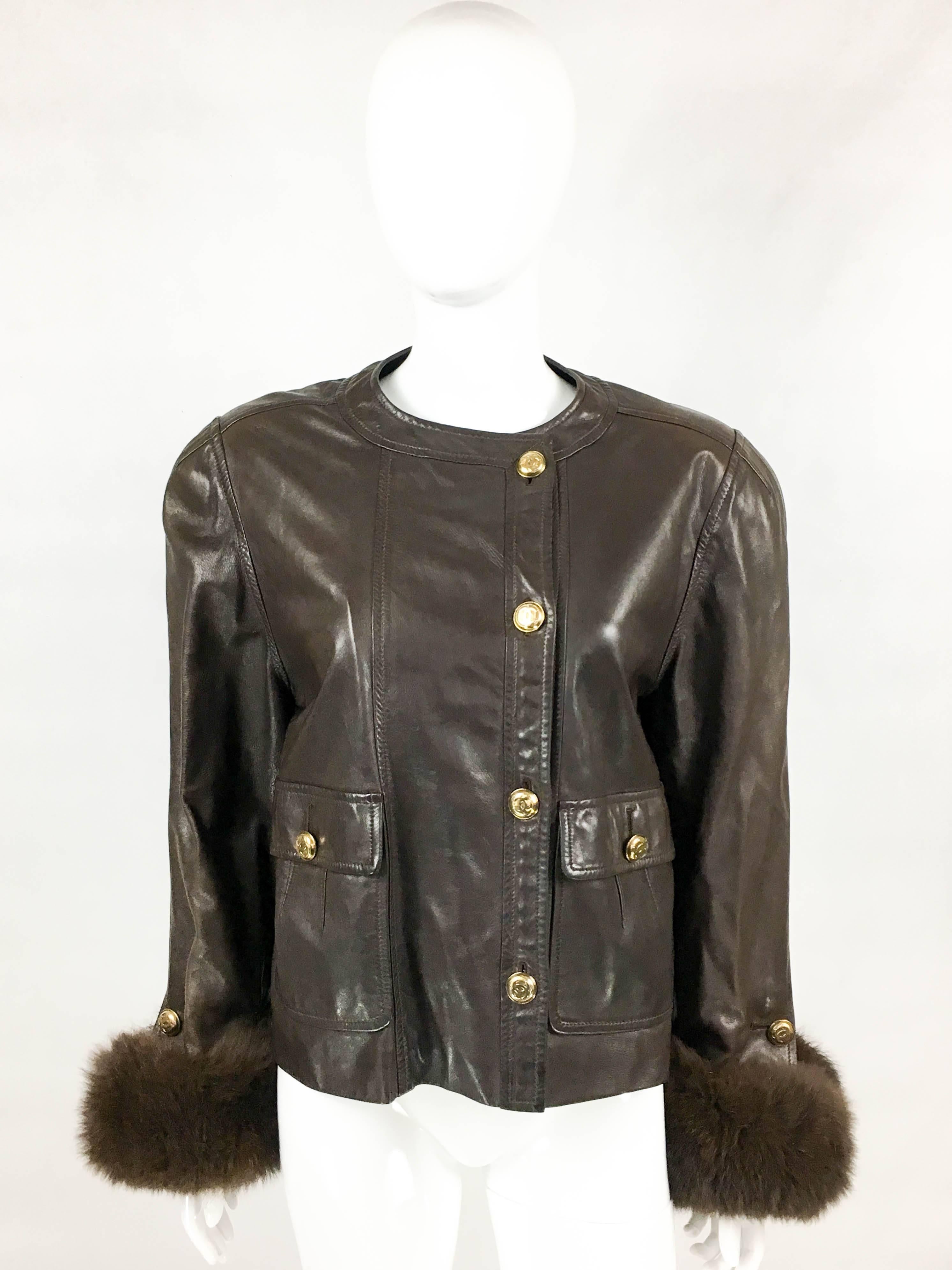 Women's 1980s Chanel Brown Leather Jacket With Fox Fur Cuffs and Removable Collar For Sale