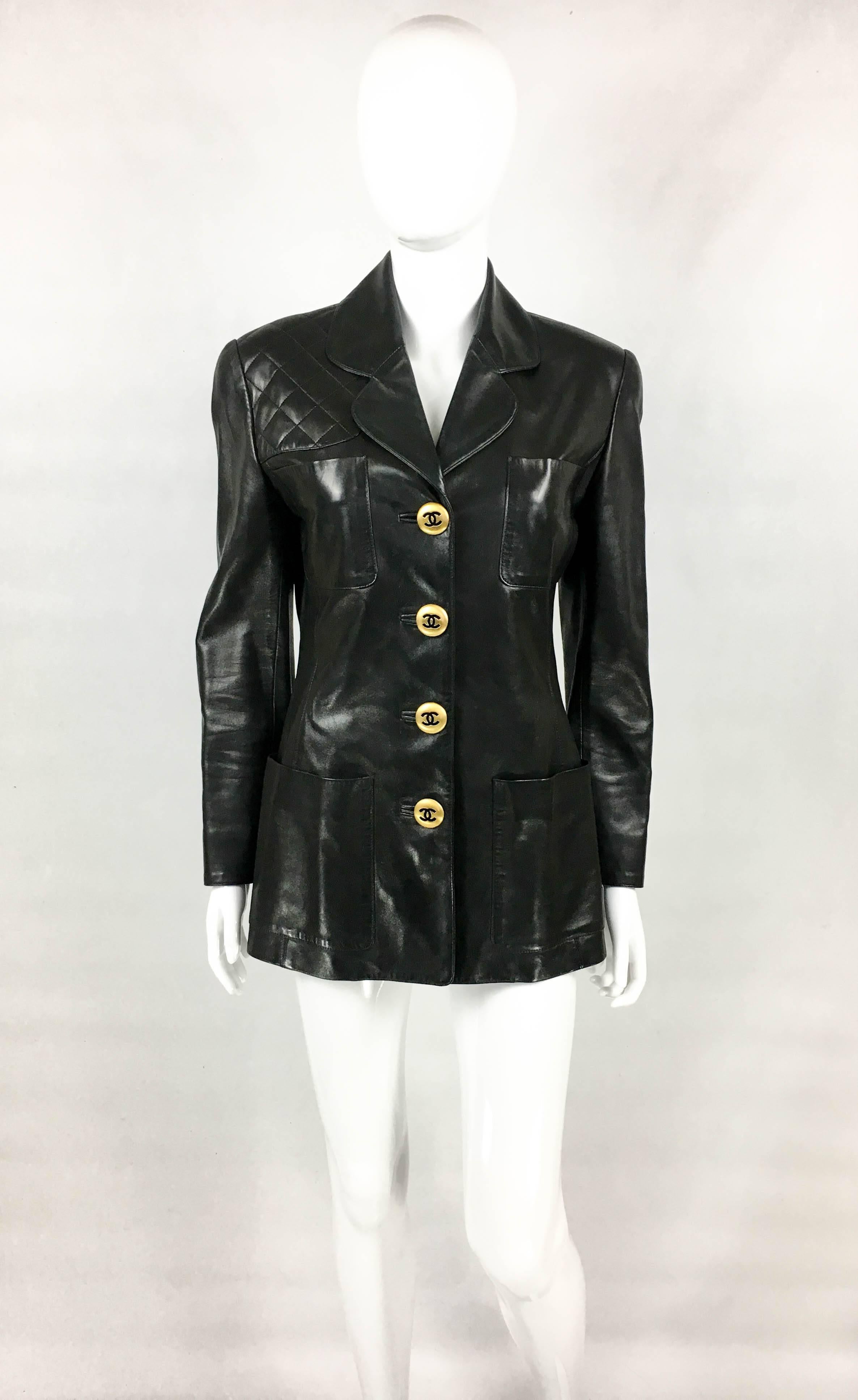 Stunning Vintage Chanel Black Leather Jacket. This amazing piece was designed for the 1992 Fall / Winter runway show (refer to photos). Crafted in soft black leather, it features 4 front pockets (2 breast pockets and 2 larger ones at hip level) and