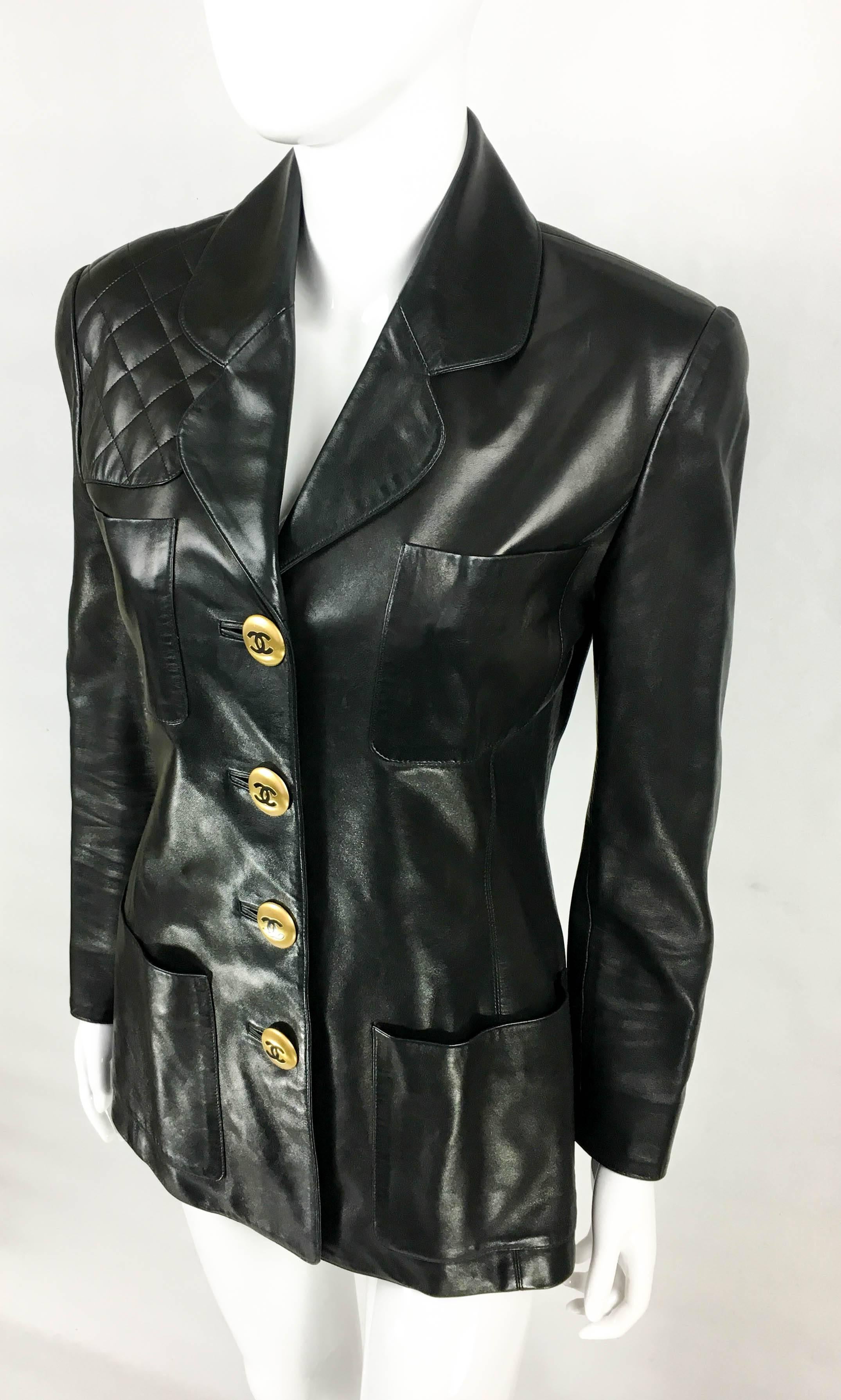 Women's 1992 Chanel Runway Look Black Leather Jacket With Quilted Shoulder