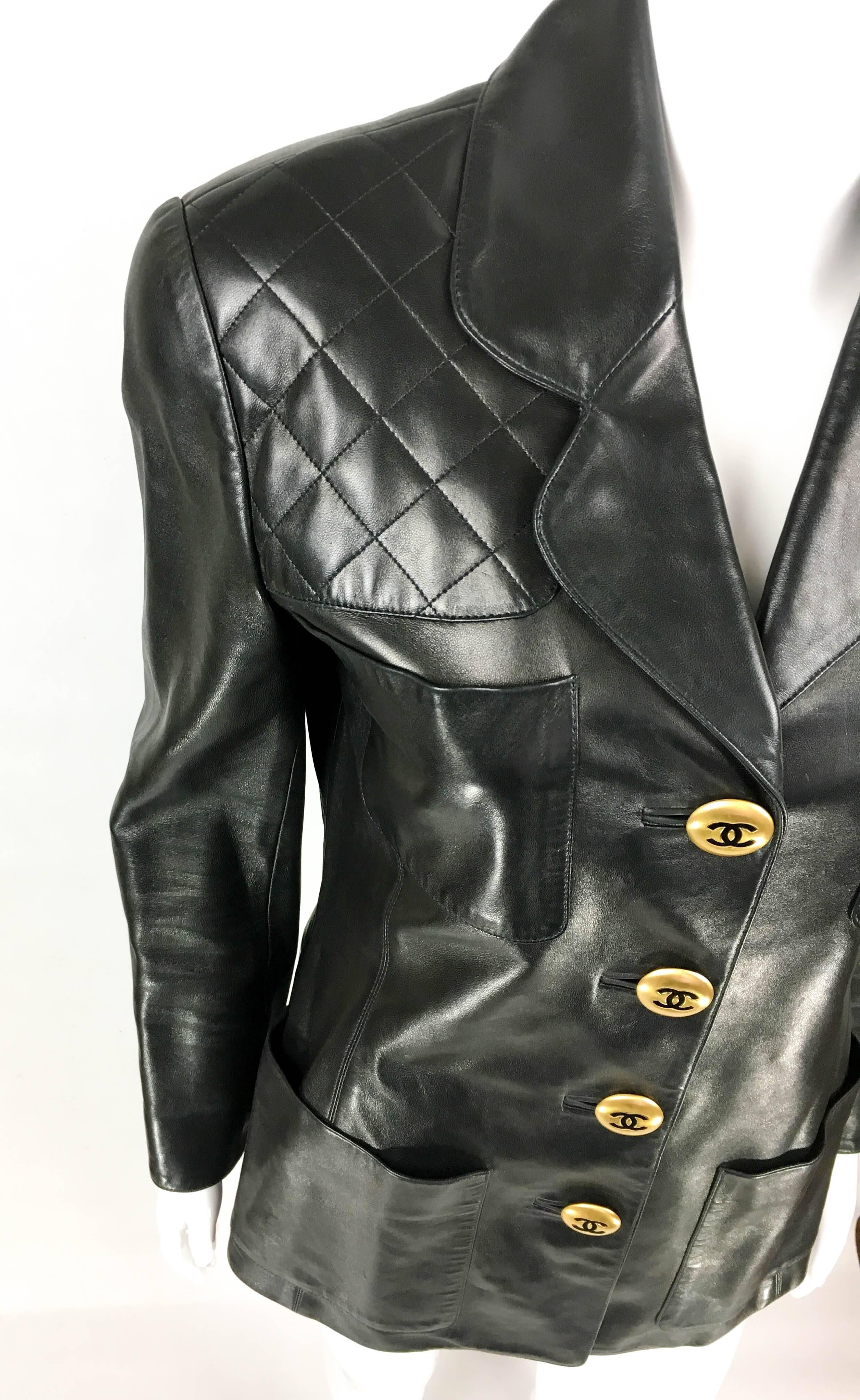 1992 Chanel Runway Look Black Leather Jacket With Quilted Shoulder In Excellent Condition In London, Chelsea