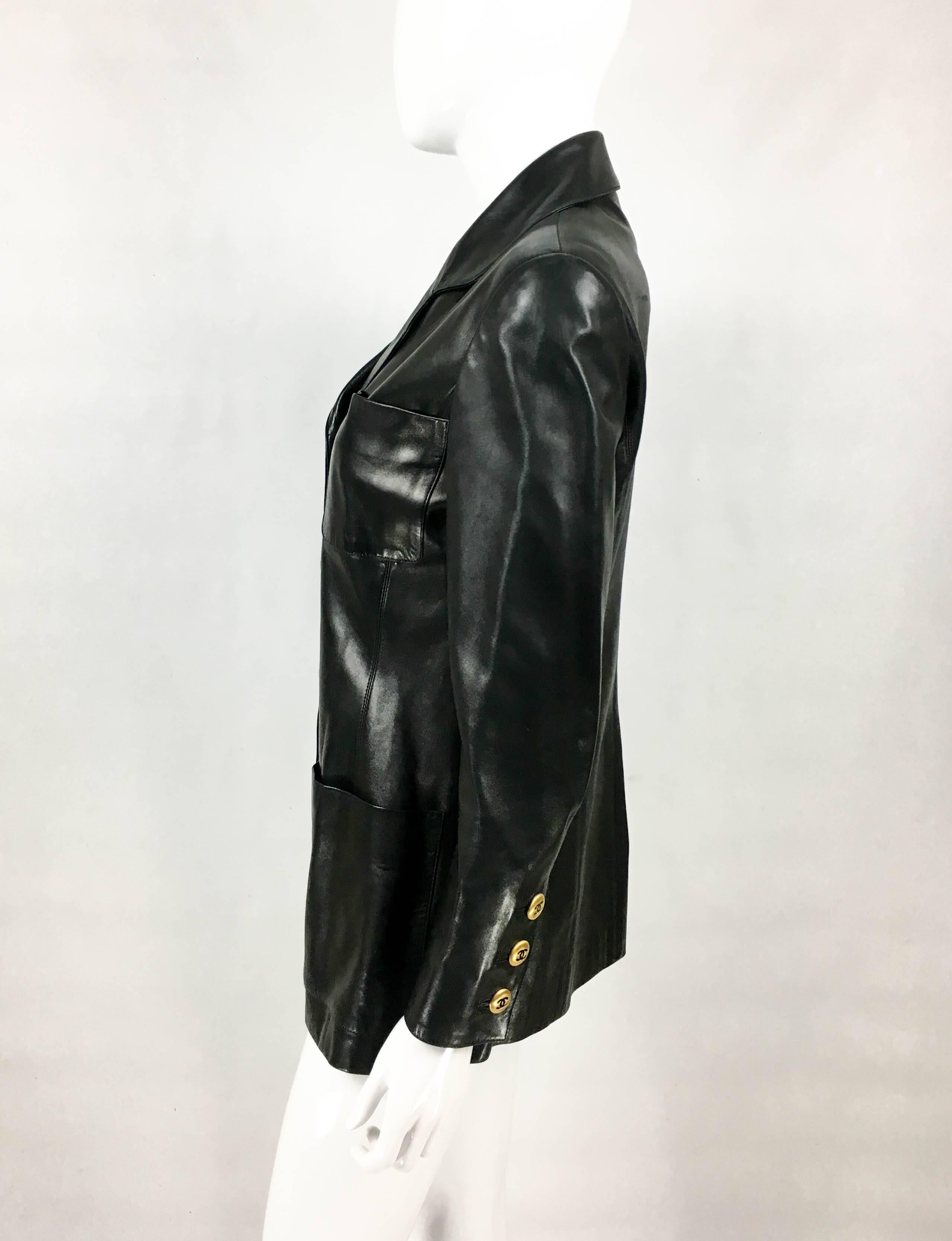 1992 Chanel Runway Look Black Leather Jacket With Quilted Shoulder 1