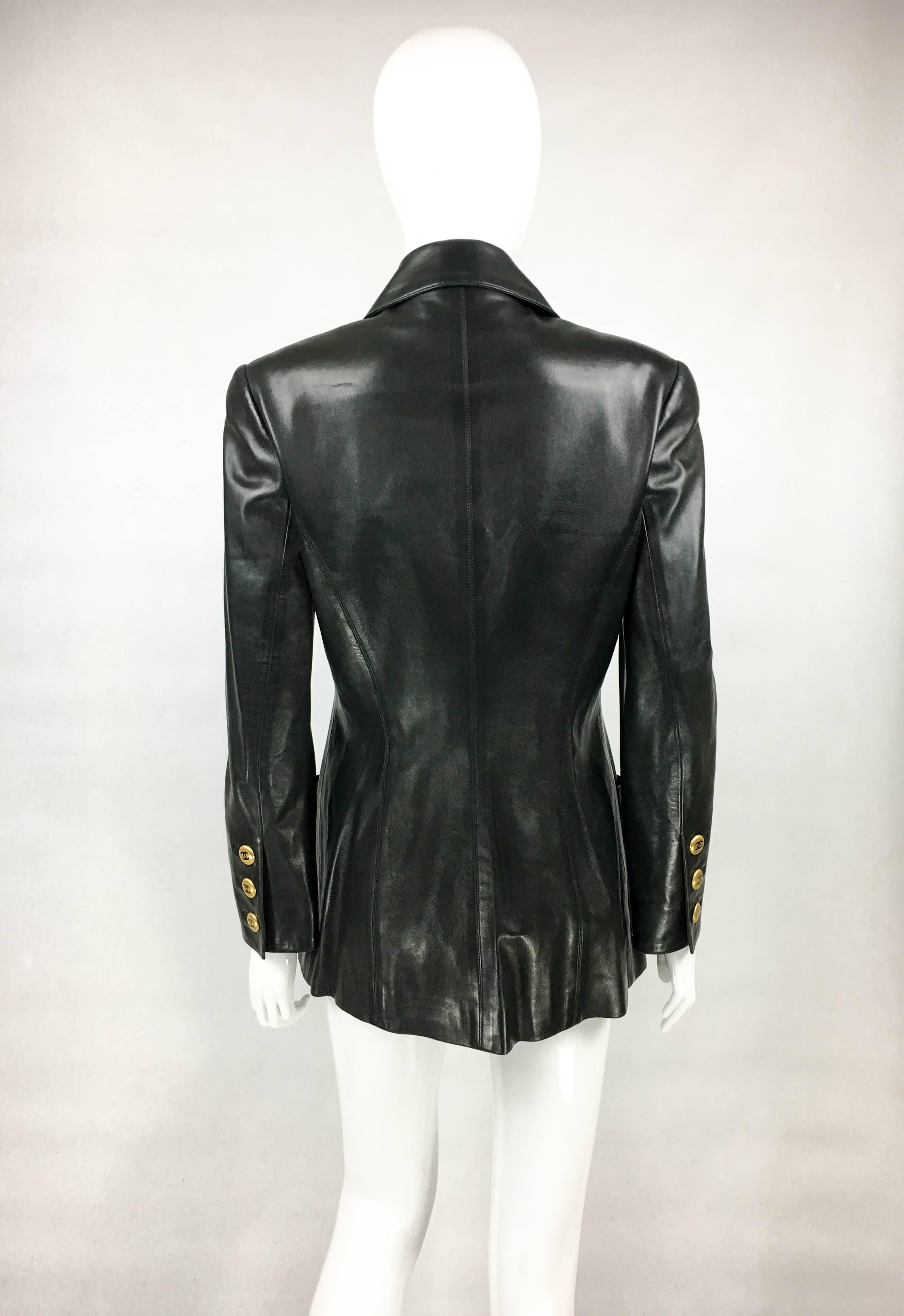 1992 Chanel Runway Look Black Leather Jacket With Quilted Shoulder 2