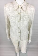 2001 Chanel Runway Off-White Bouclé Trouser Suit With Enamelled Logo Buttons