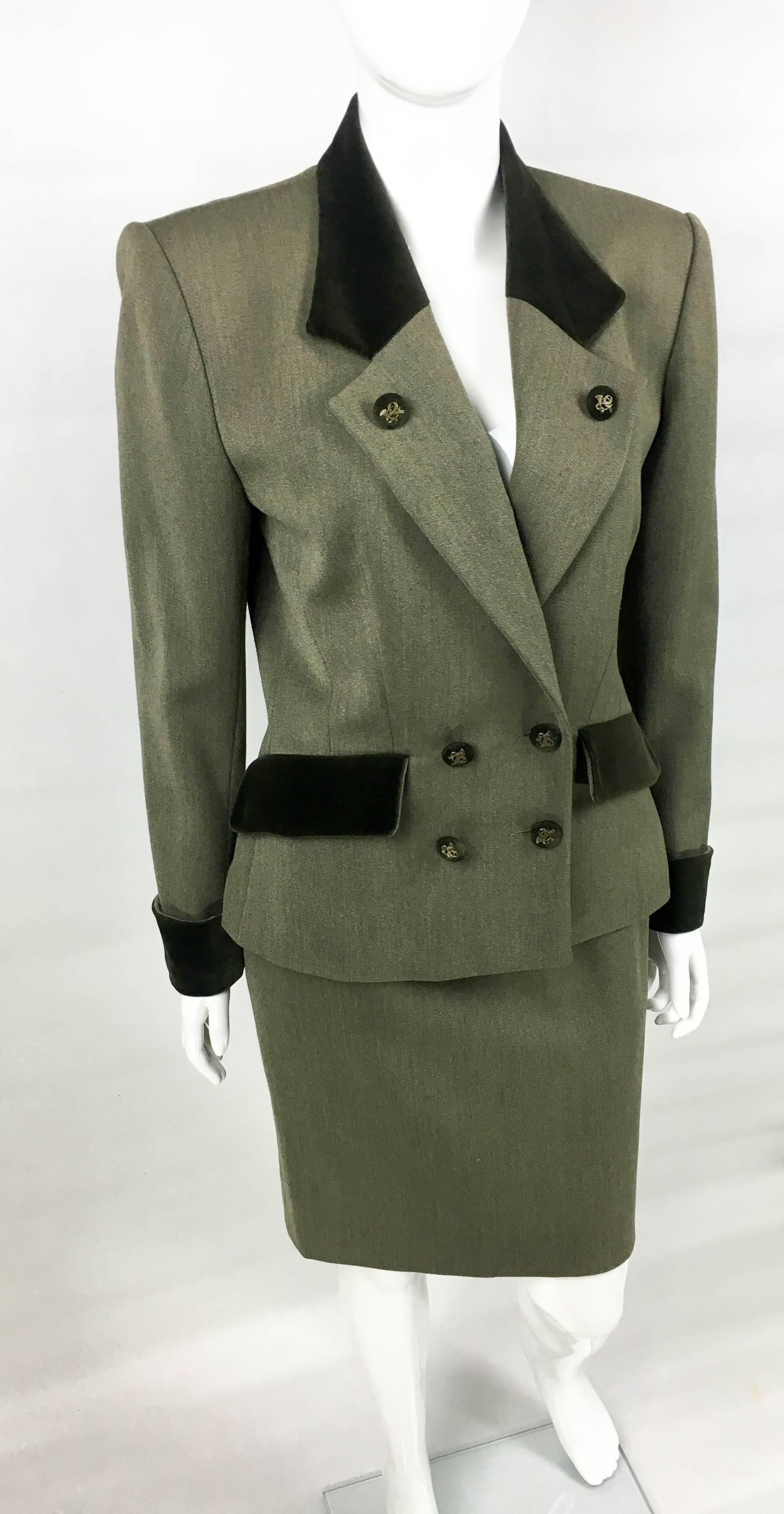 Gray 1980s Hermes Double-Breasted Wool Skirt Suit