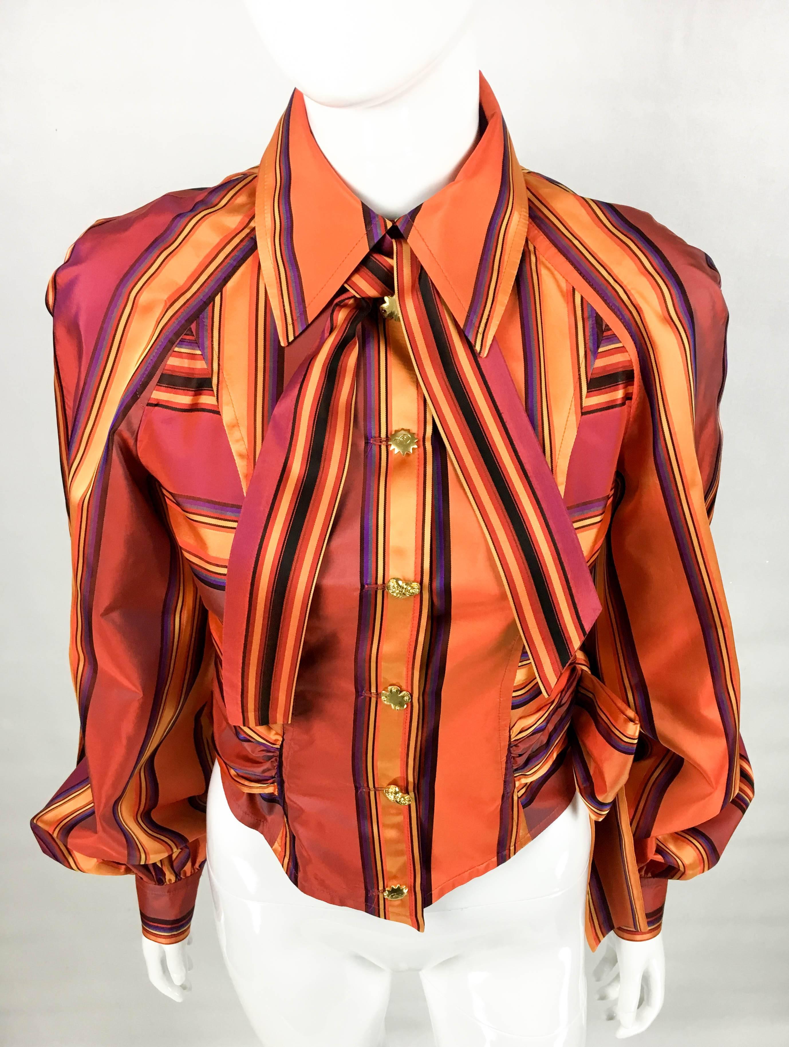 Orange 1990s Christian Lacroix Colourful Striped Silk Blouse With Gilt Metal Buttons