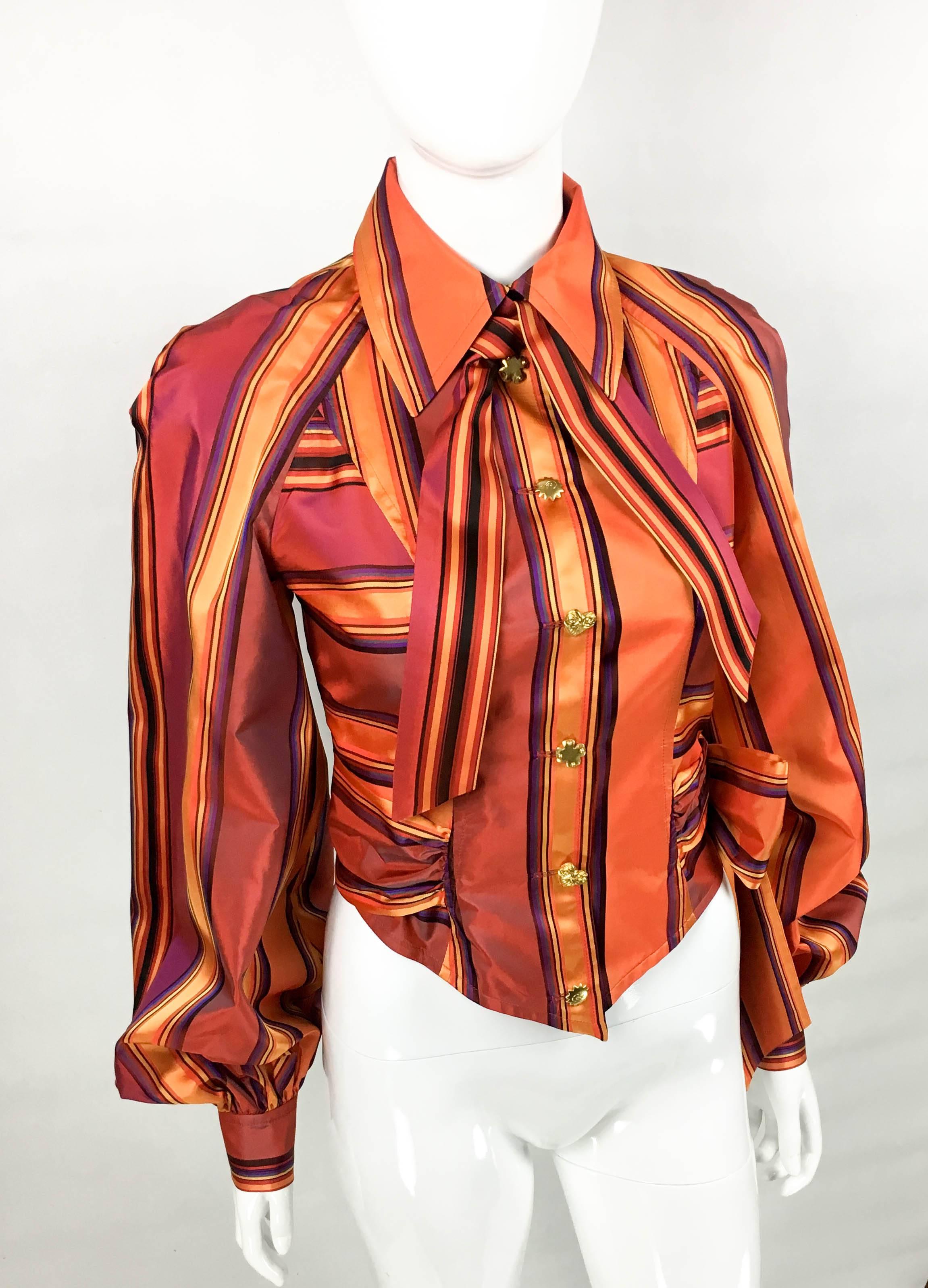 1990s Christian Lacroix Colourful Striped Silk Blouse With Gilt Metal Buttons In Excellent Condition In London, Chelsea