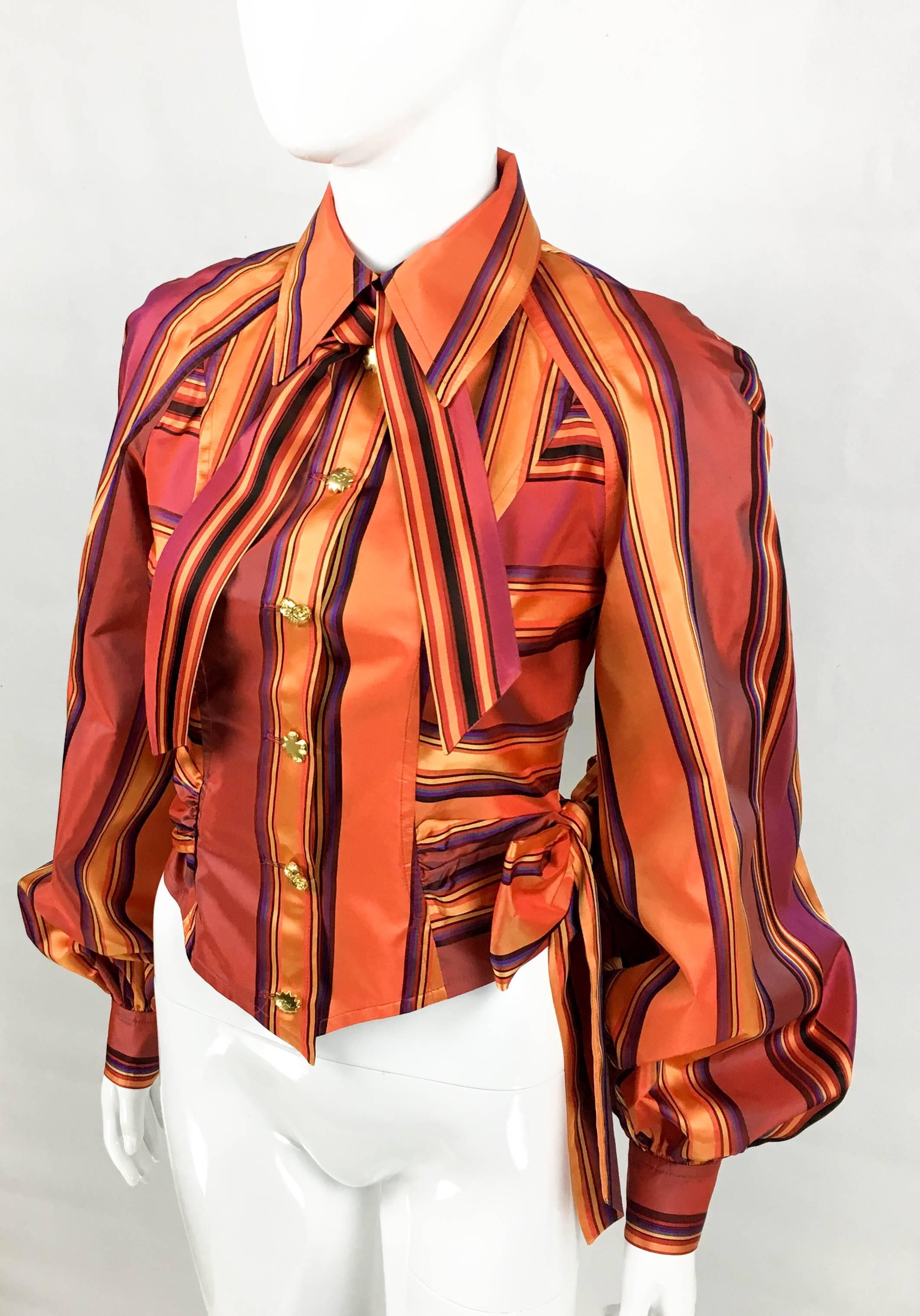 Women's 1990s Christian Lacroix Colourful Striped Silk Blouse With Gilt Metal Buttons