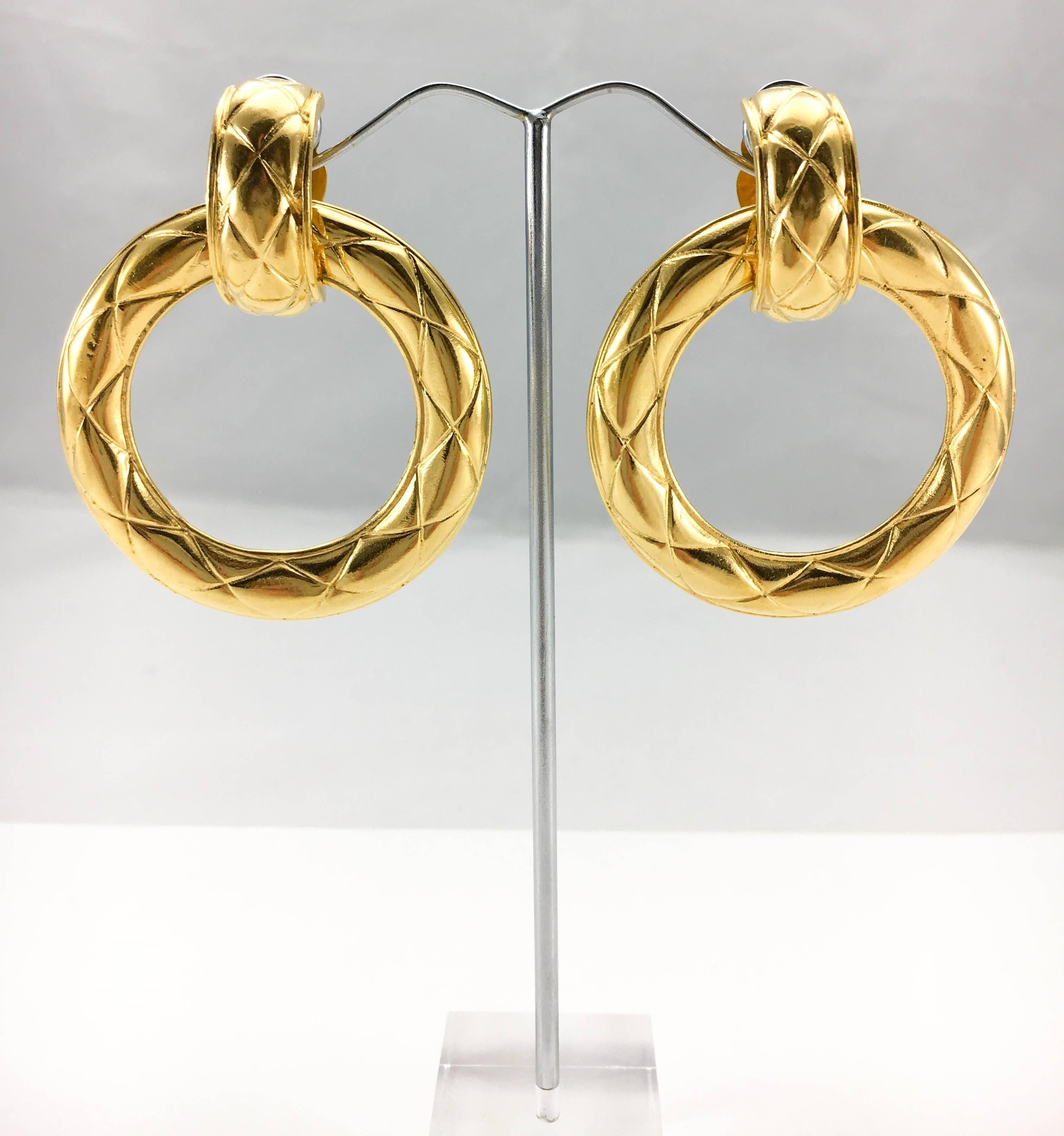 Women's 1980's Chanel Large Quilted Gold-Plated Hoop Earrings