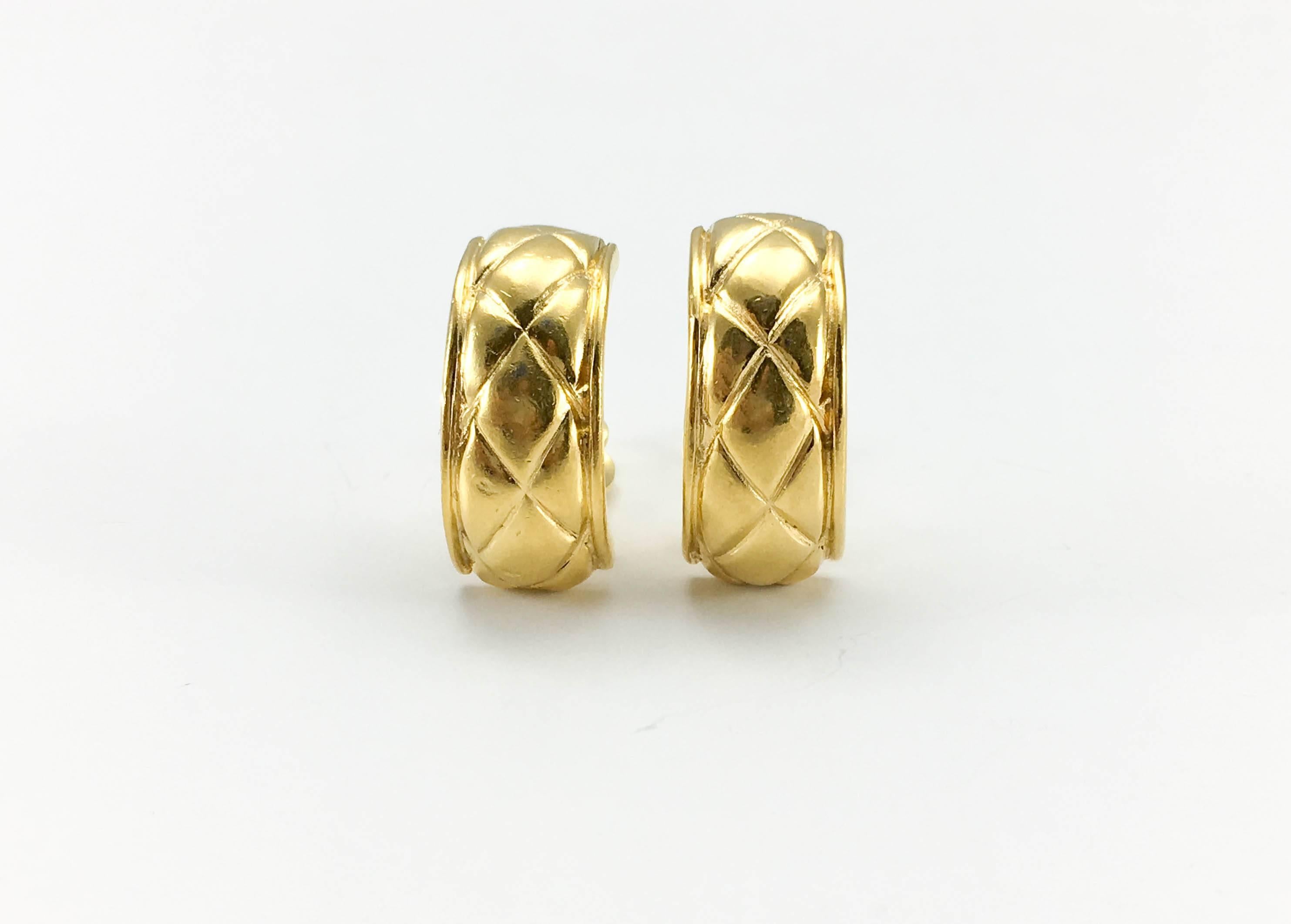 1980's Chanel Large Quilted Gold-Plated Hoop Earrings 1