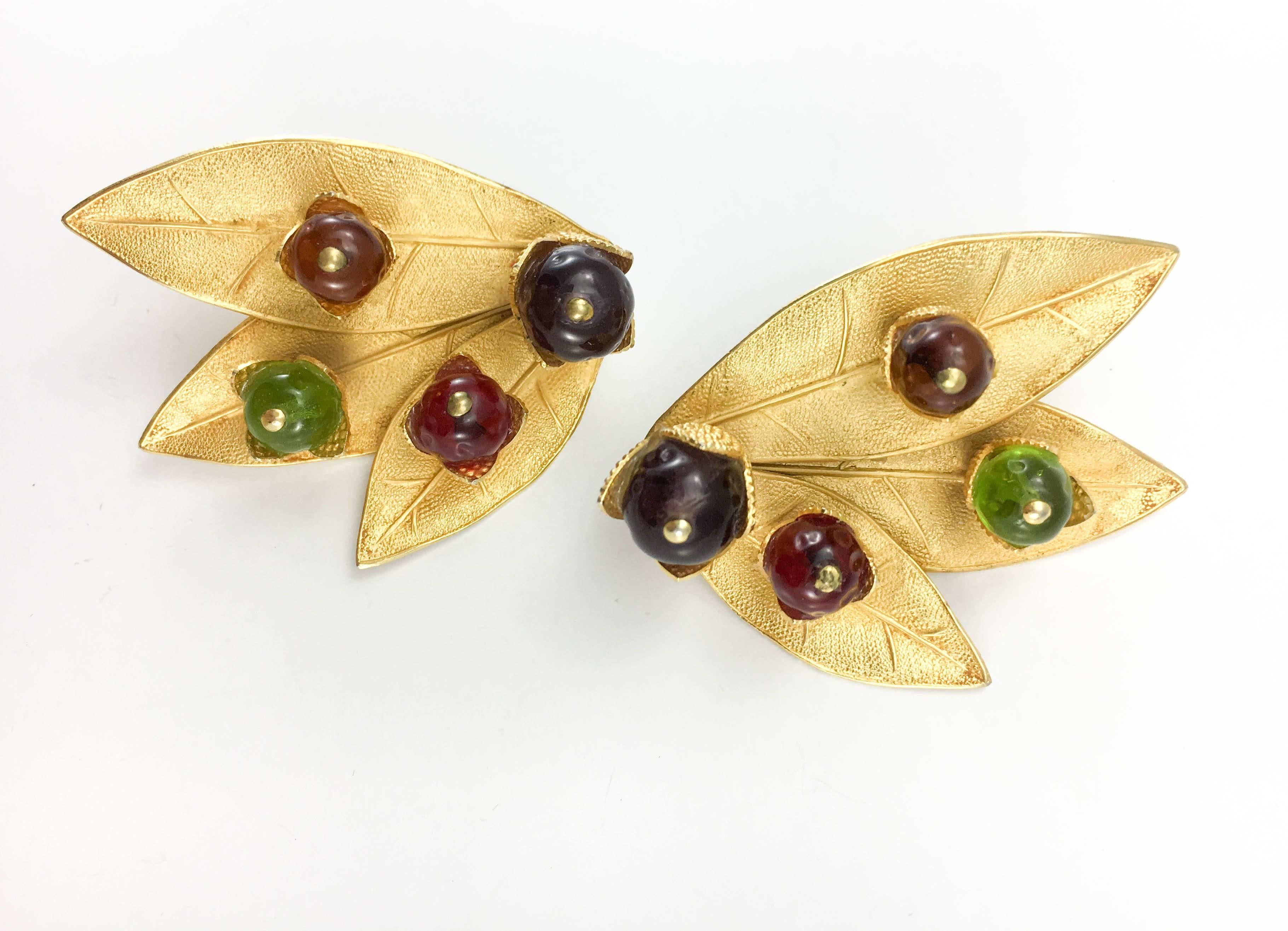 1980's Dominique Aurientis Gilt 'Leaf' Earrings With Colourful Resin Beads In Excellent Condition In London, Chelsea