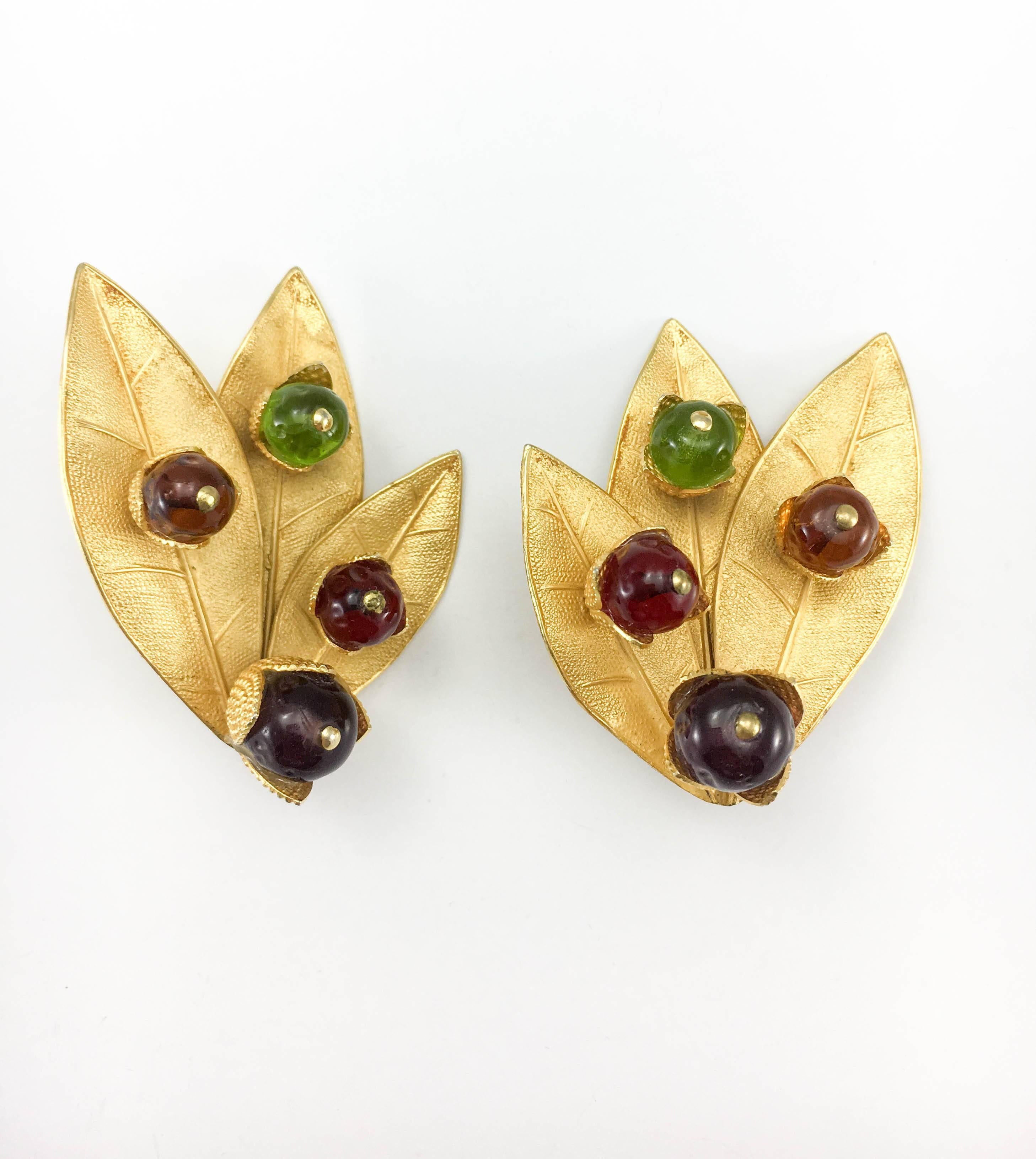 Women's 1980's Dominique Aurientis Gilt 'Leaf' Earrings With Colourful Resin Beads