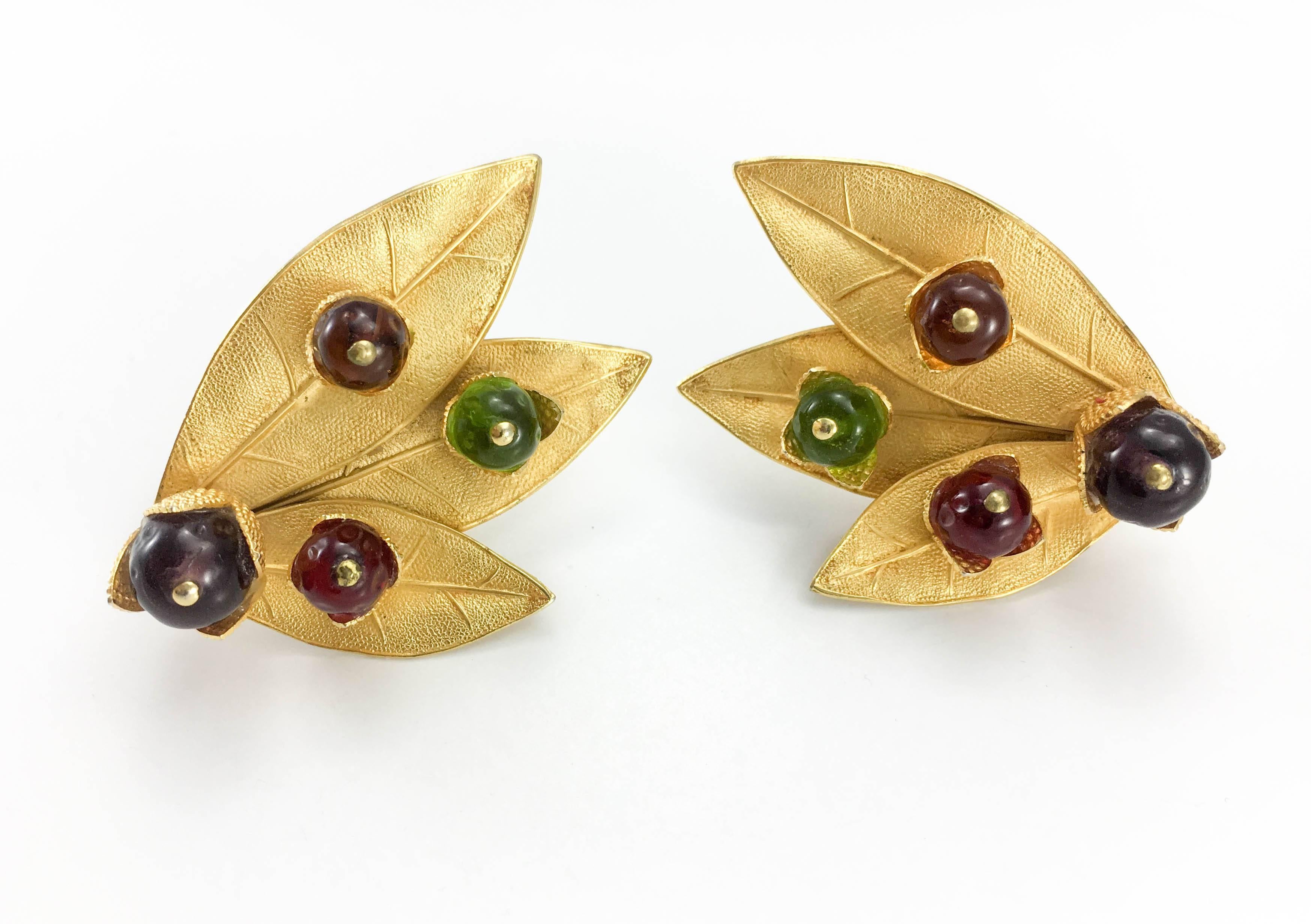 1980's Dominique Aurientis Gilt 'Leaf' Earrings With Colourful Resin Beads 1