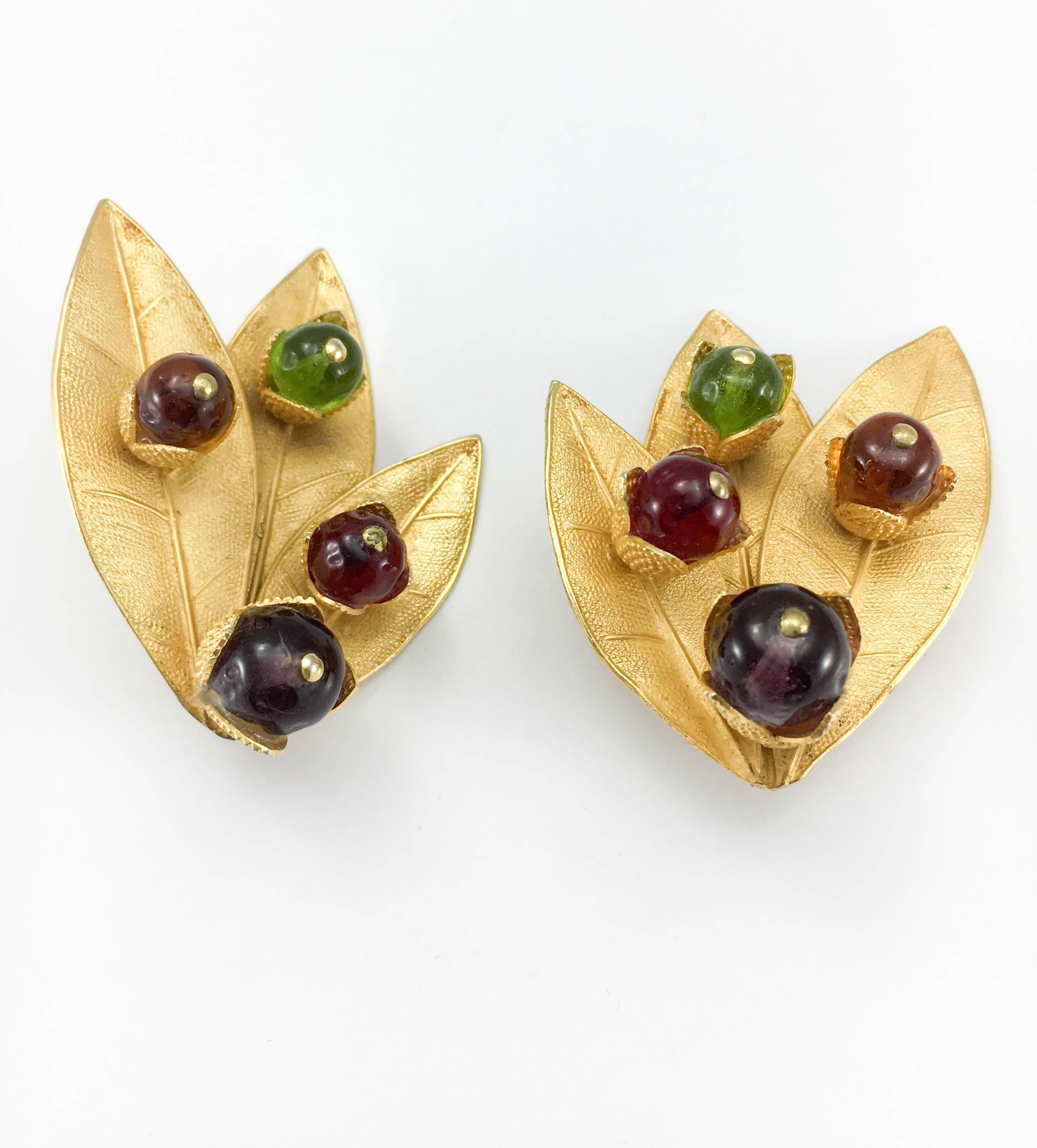 1980's Dominique Aurientis Gilt 'Leaf' Earrings With Colourful Resin Beads 2
