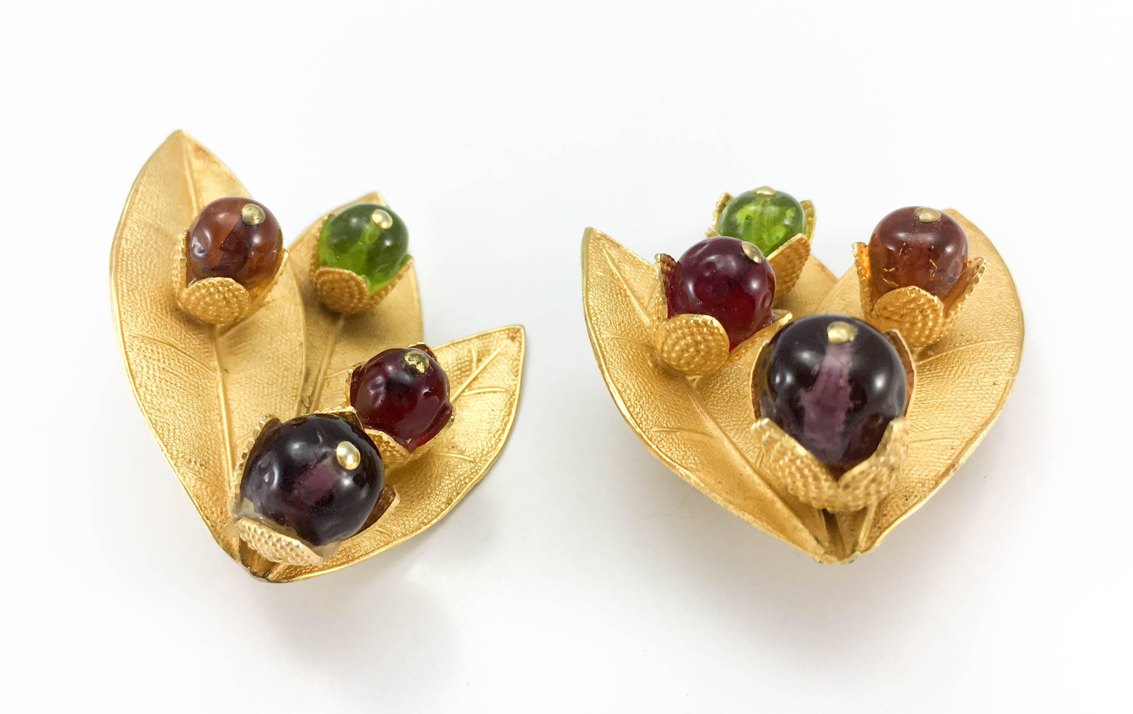 1980's Dominique Aurientis Gilt 'Leaf' Earrings With Colourful Resin Beads 3