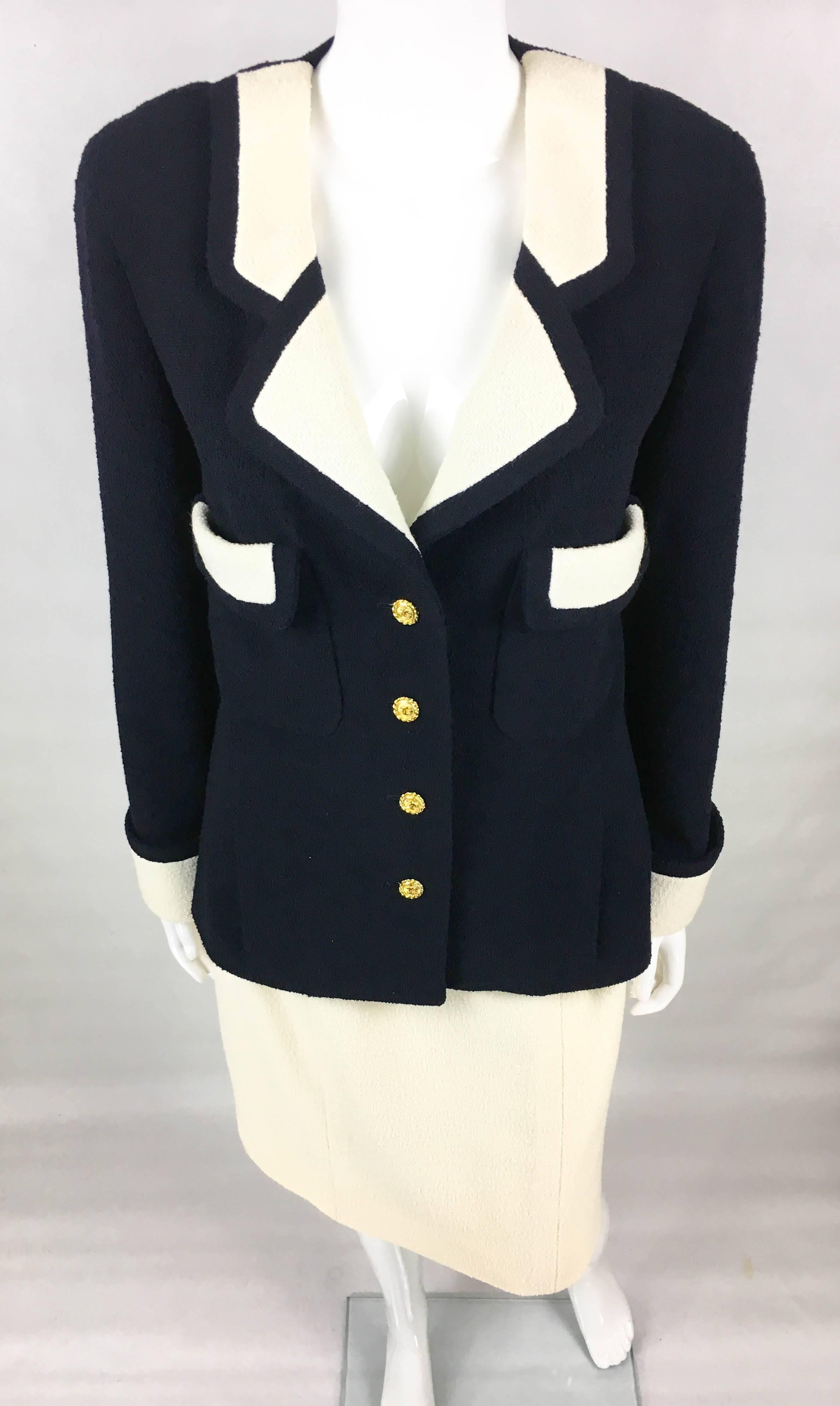 Black Chanel Nautical Inspired Navy and White Wool Skirt Suit, Circa 1982