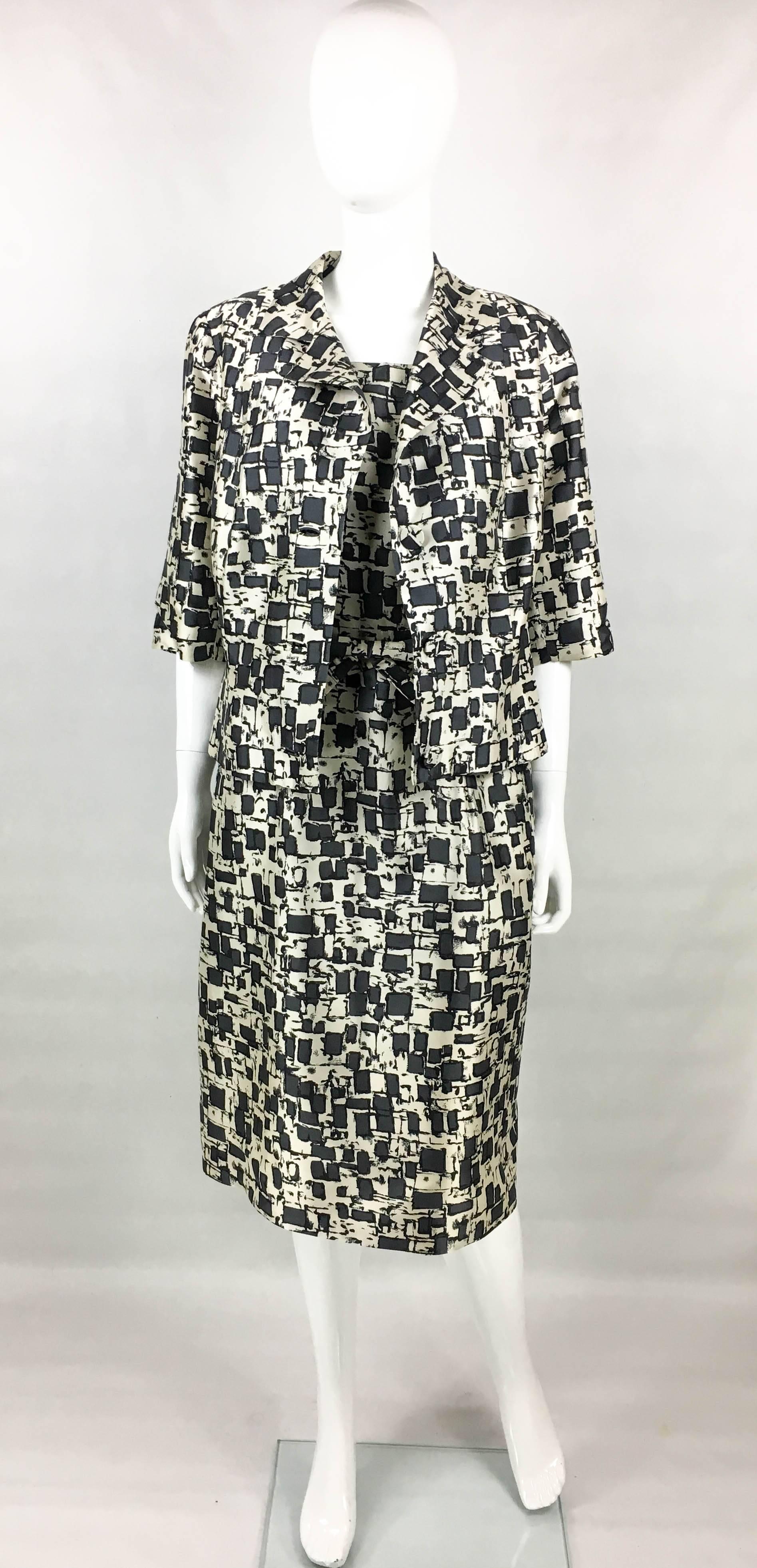 christian dior cocktail ensemble comprising dress and jacket in printed silk