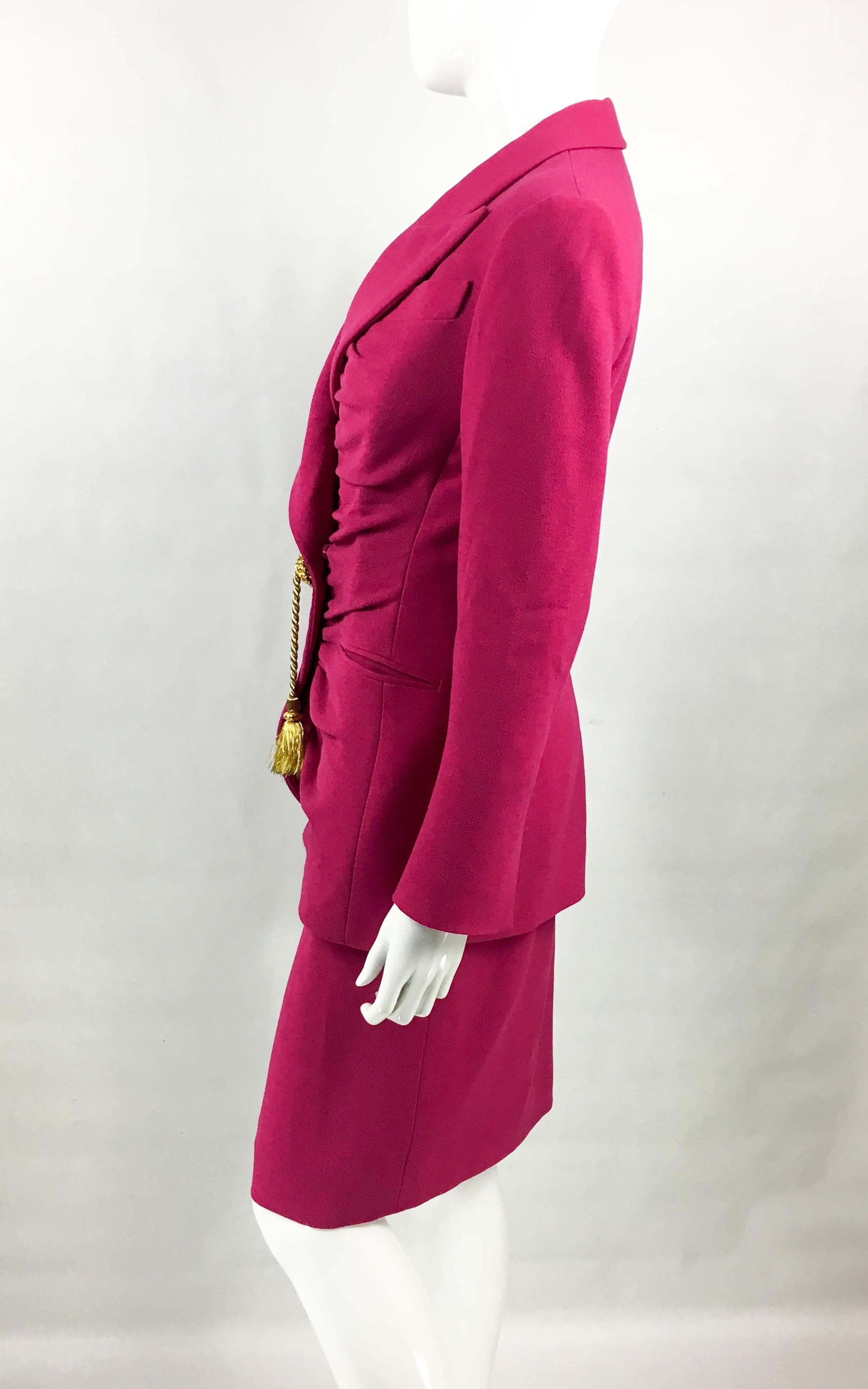 1980s Dior Numbered Demi-Couture Hot Pink Suit With Golden Tassel  In Excellent Condition For Sale In London, Chelsea