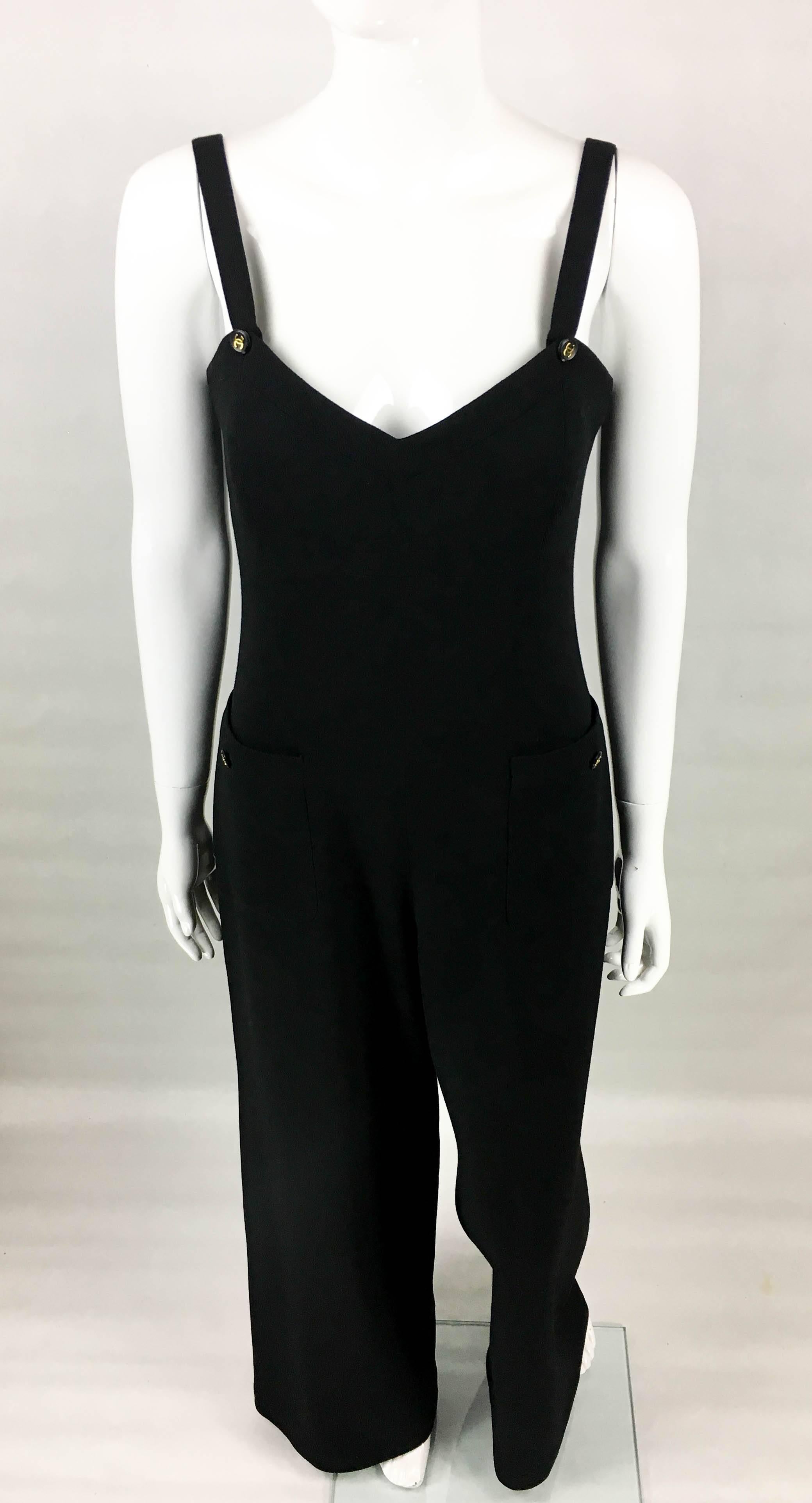 1995 Chanel Dungaree-Style Black Wool Jumpsuit In Excellent Condition In London, Chelsea
