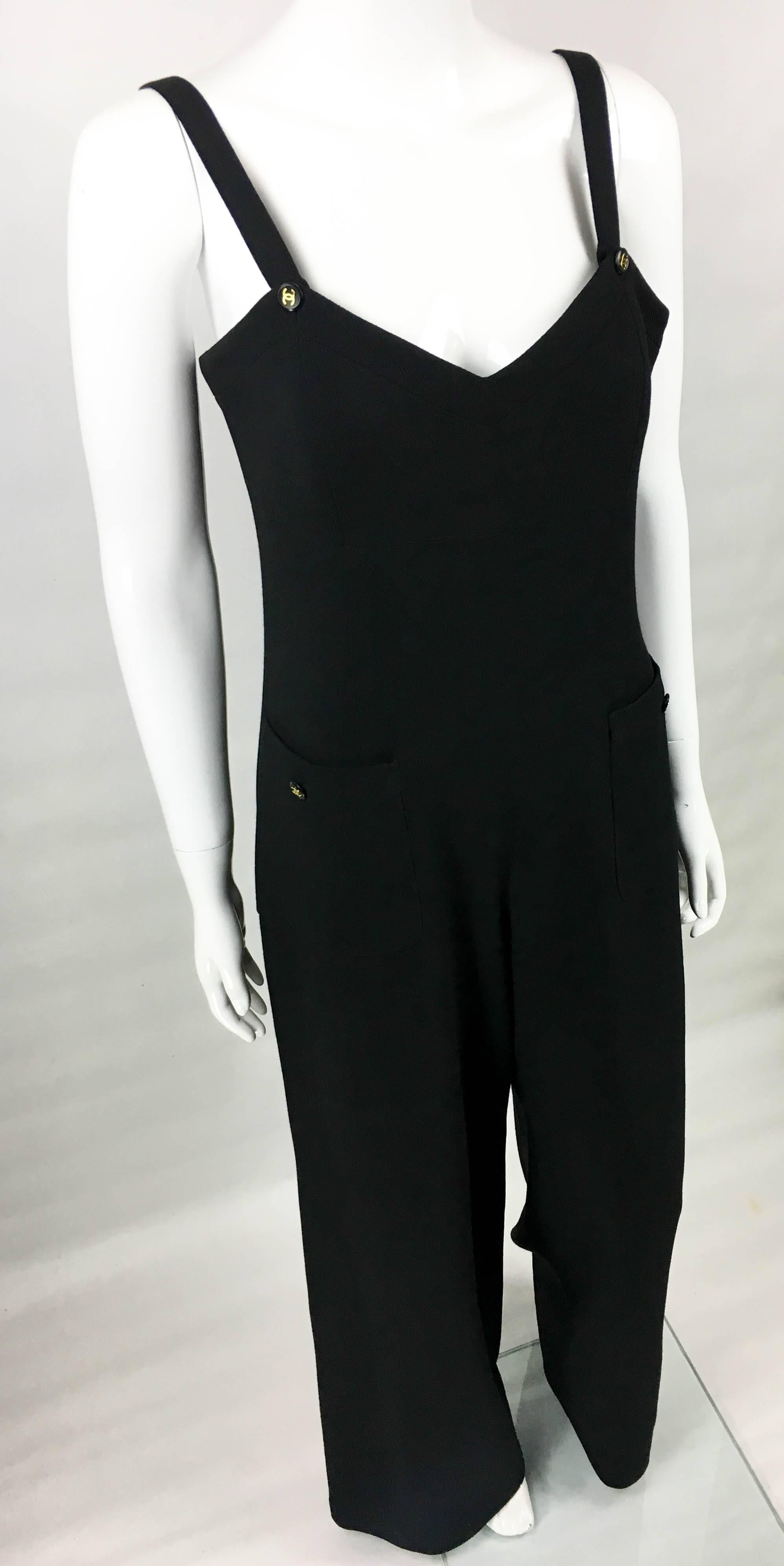 Women's 1995 Chanel Dungaree-Style Black Wool Jumpsuit