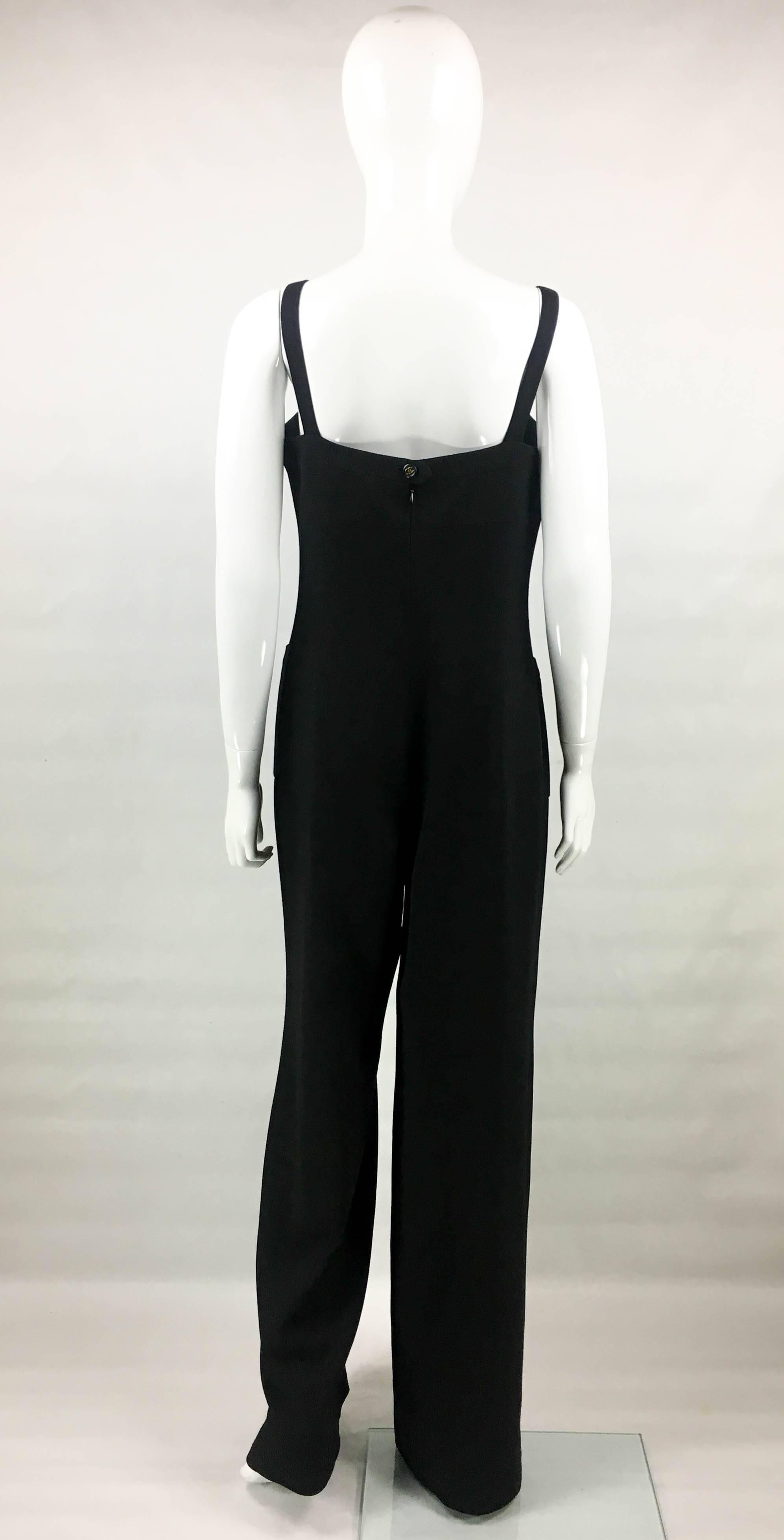 1995 Chanel Dungaree-Style Black Wool Jumpsuit 2