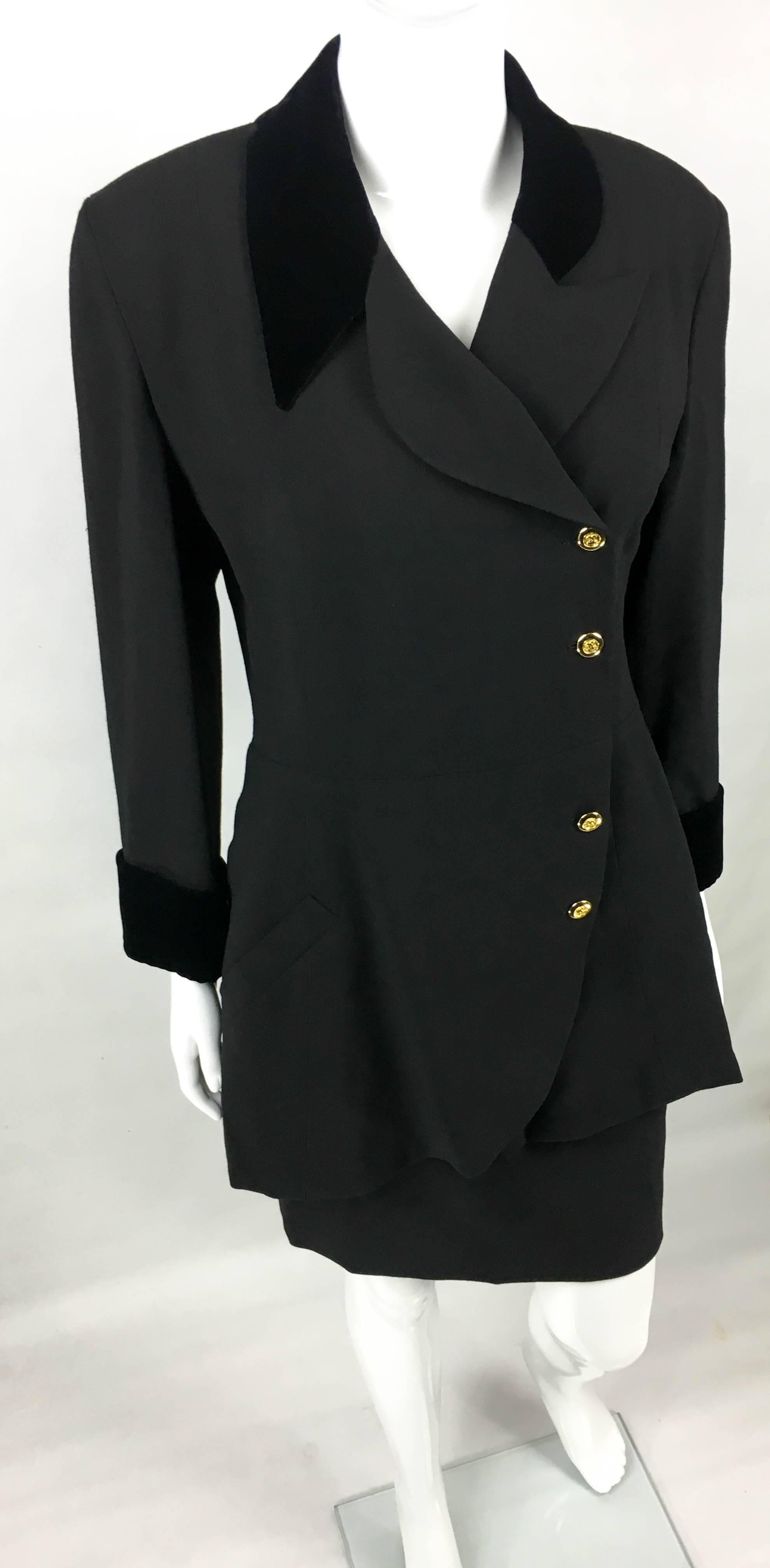 Women's 1990s Chanel Black Wool Skirt Suit With Velvet Collar and Cuffs
