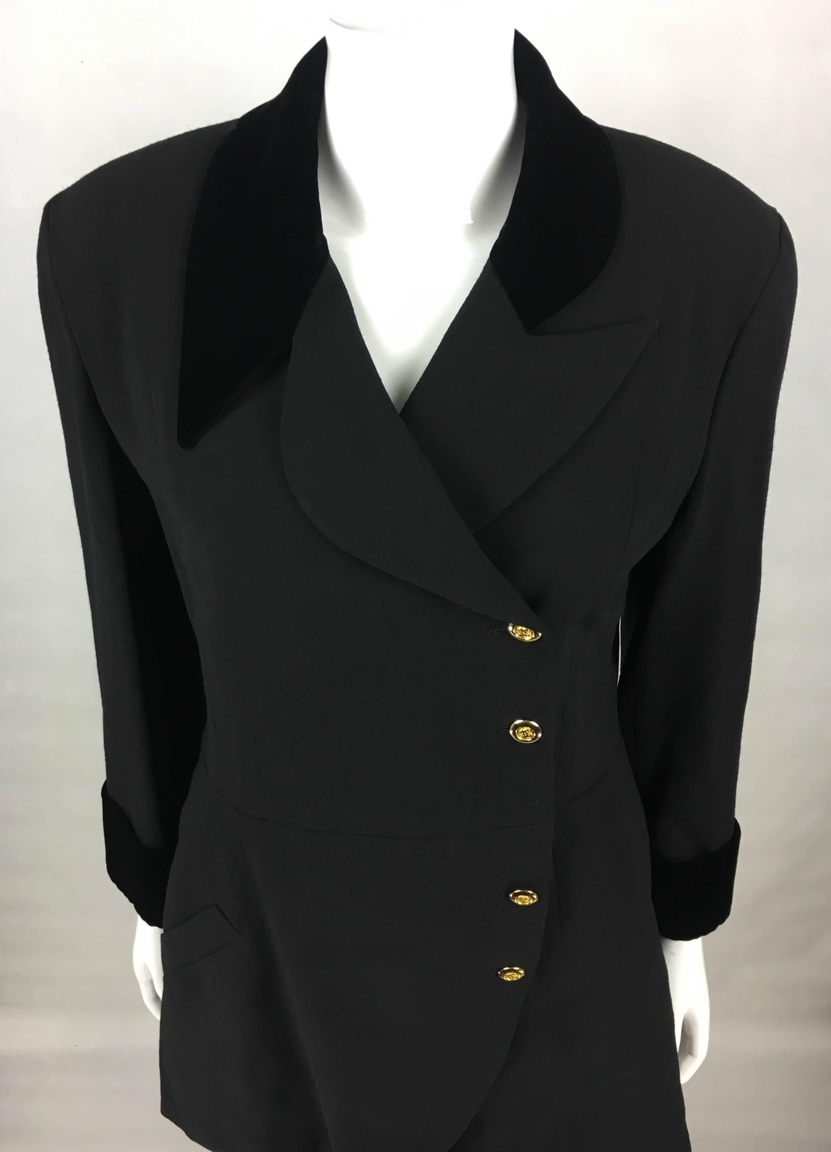 1990s Chanel Black Wool Skirt Suit With Velvet Collar and Cuffs 1