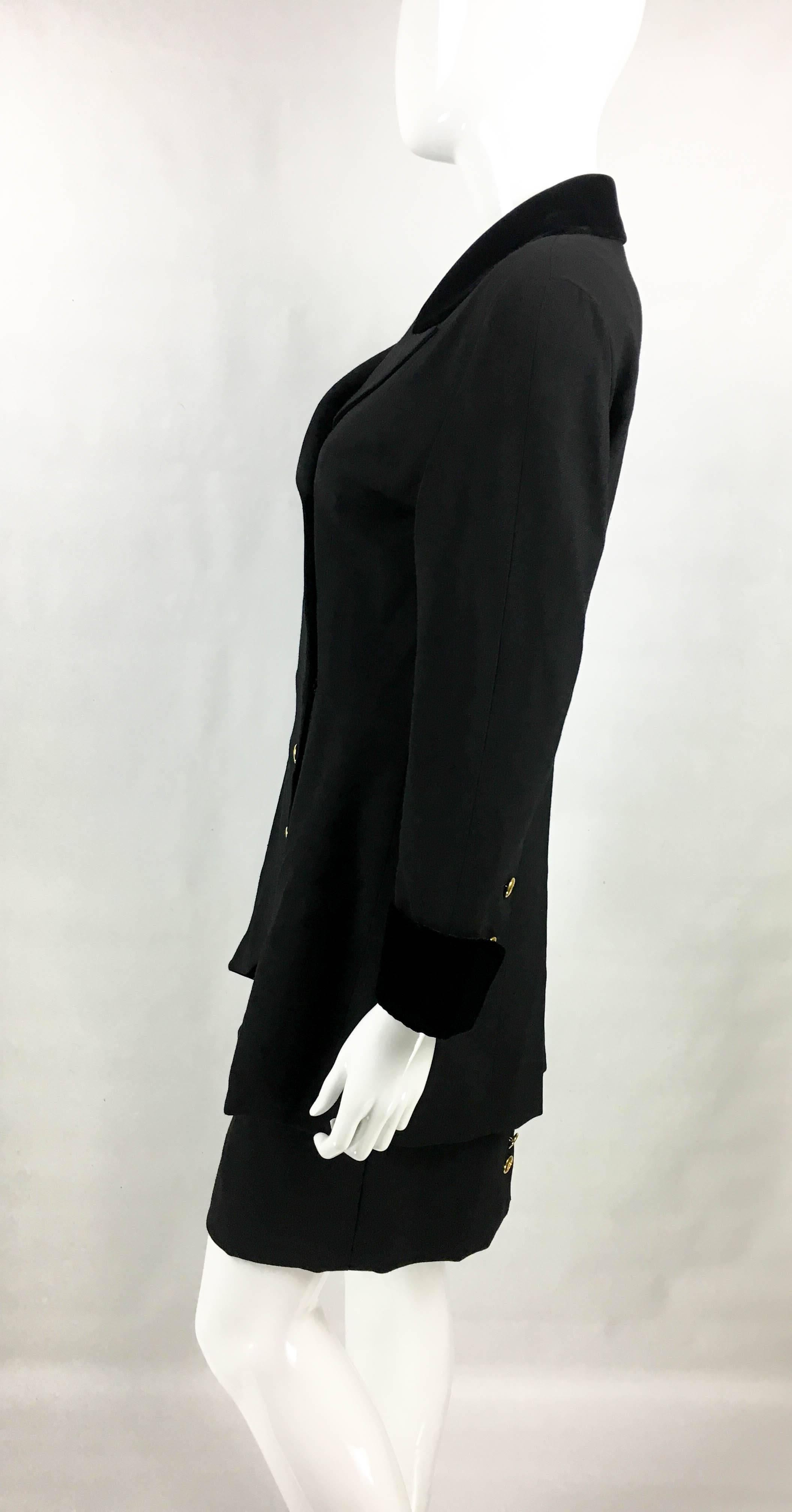 1990s Chanel Black Wool Skirt Suit With Velvet Collar and Cuffs 2