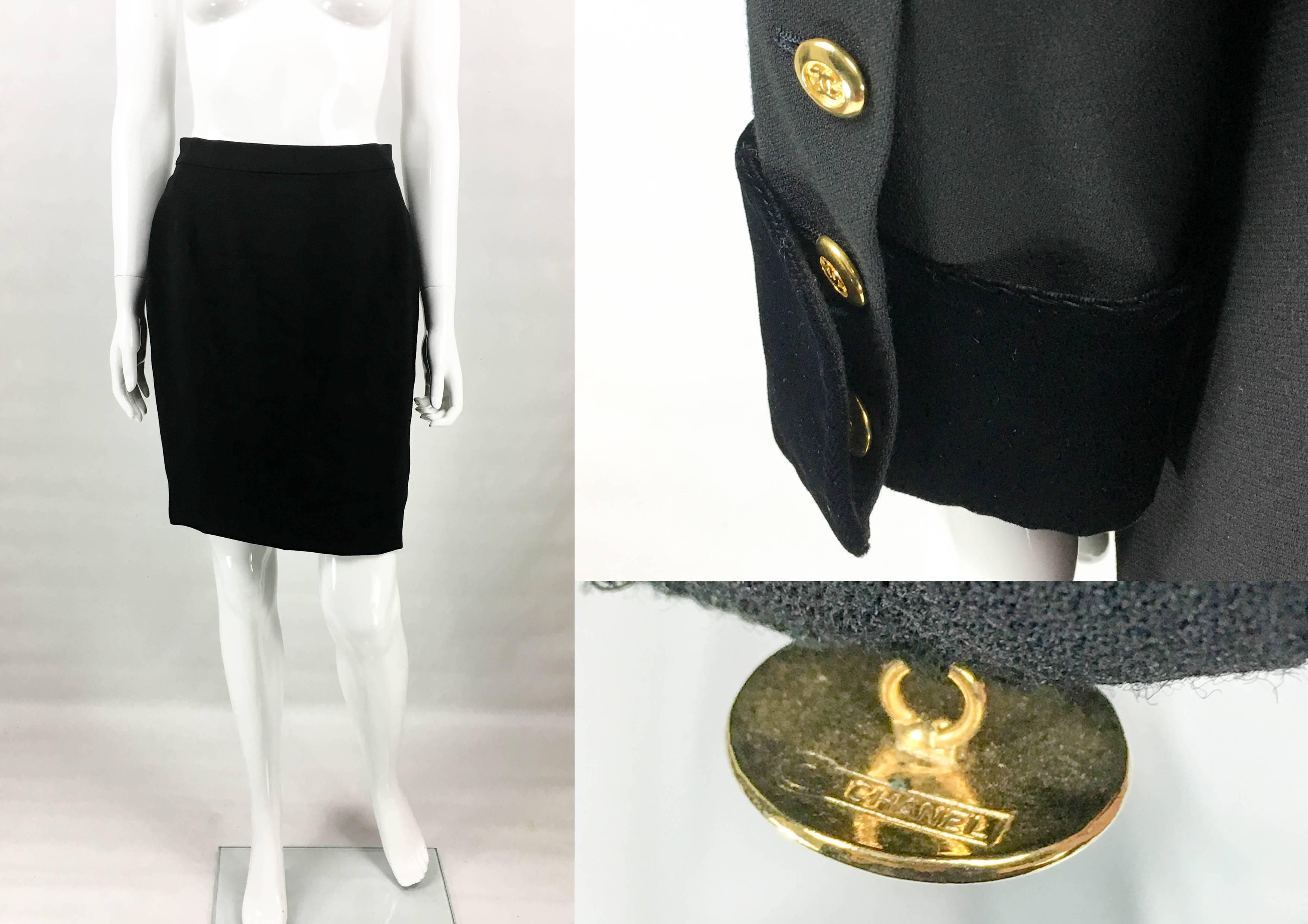 1990s Chanel Black Wool Skirt Suit With Velvet Collar and Cuffs 5