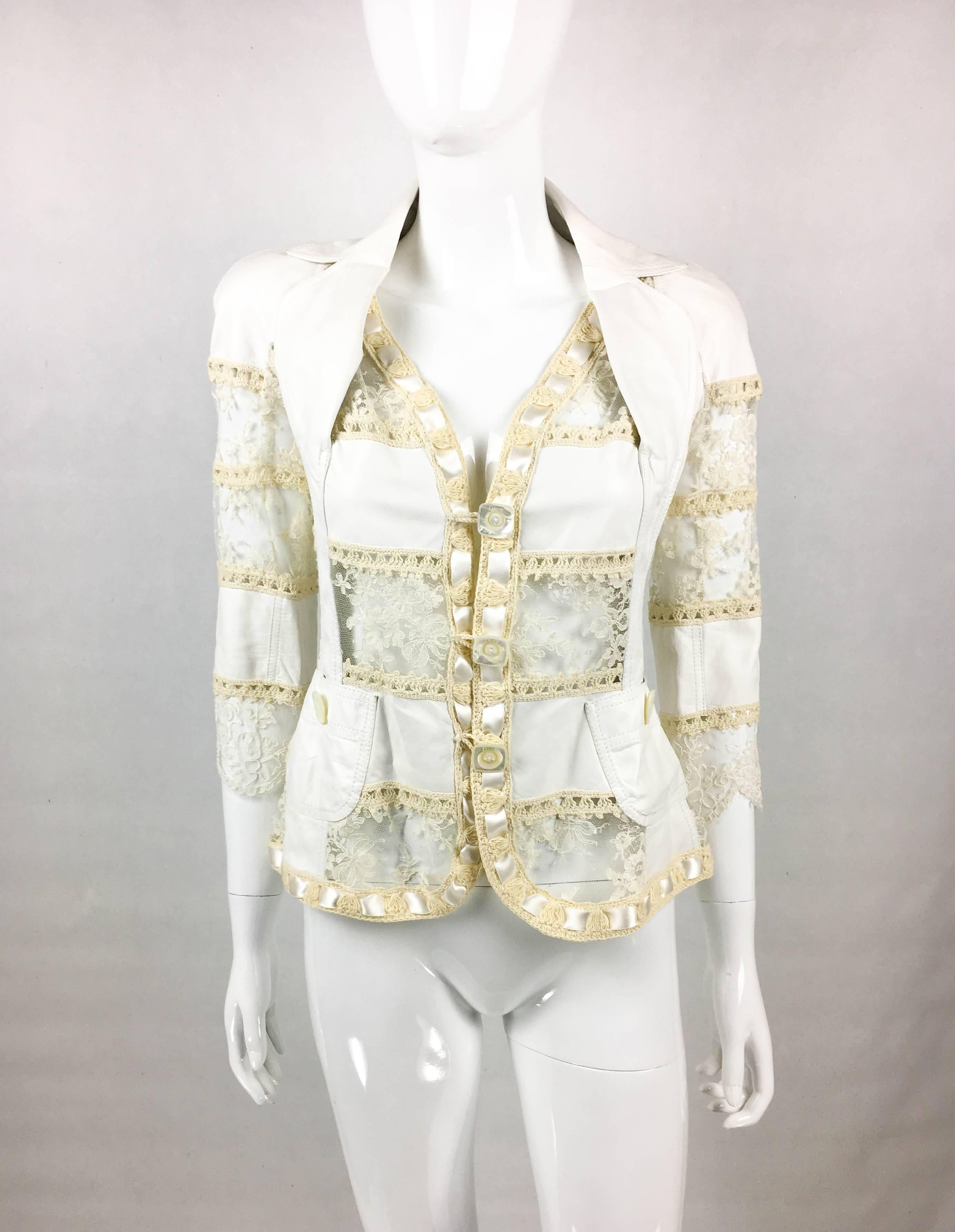 Dior by Galliano Add Campaign and Runway Look White Leather and Lace Jacket. This fabulous jacket was created for the Spring / Summer 2005 Collection (please refer to photos for a shot of an identical design in different colours on the runway and