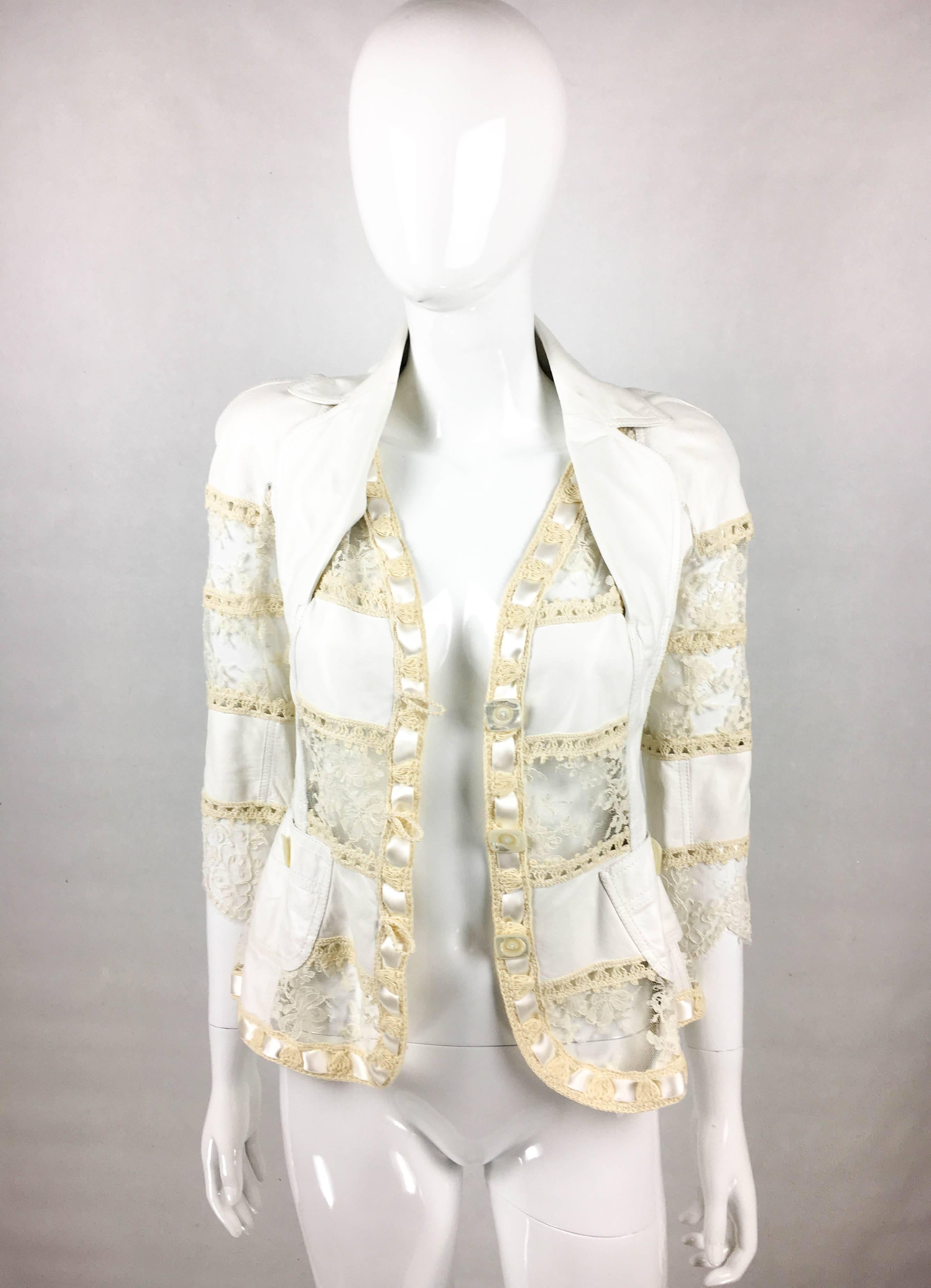 2005 Dior by Galliano Add Campaign and Runway Look White Leather and Lace Jacket In Excellent Condition In London, Chelsea