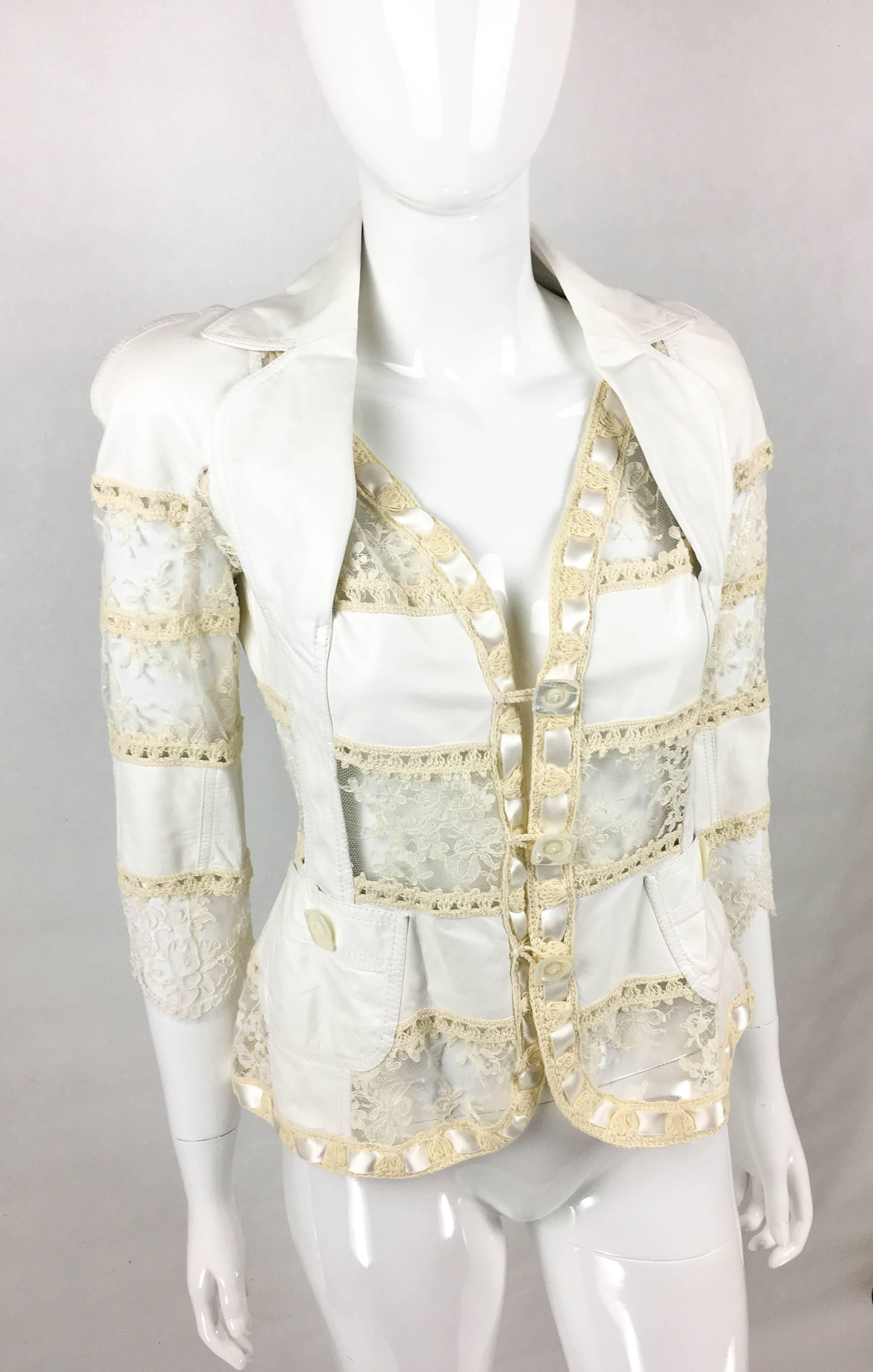 Women's 2005 Dior by Galliano Add Campaign and Runway Look White Leather and Lace Jacket