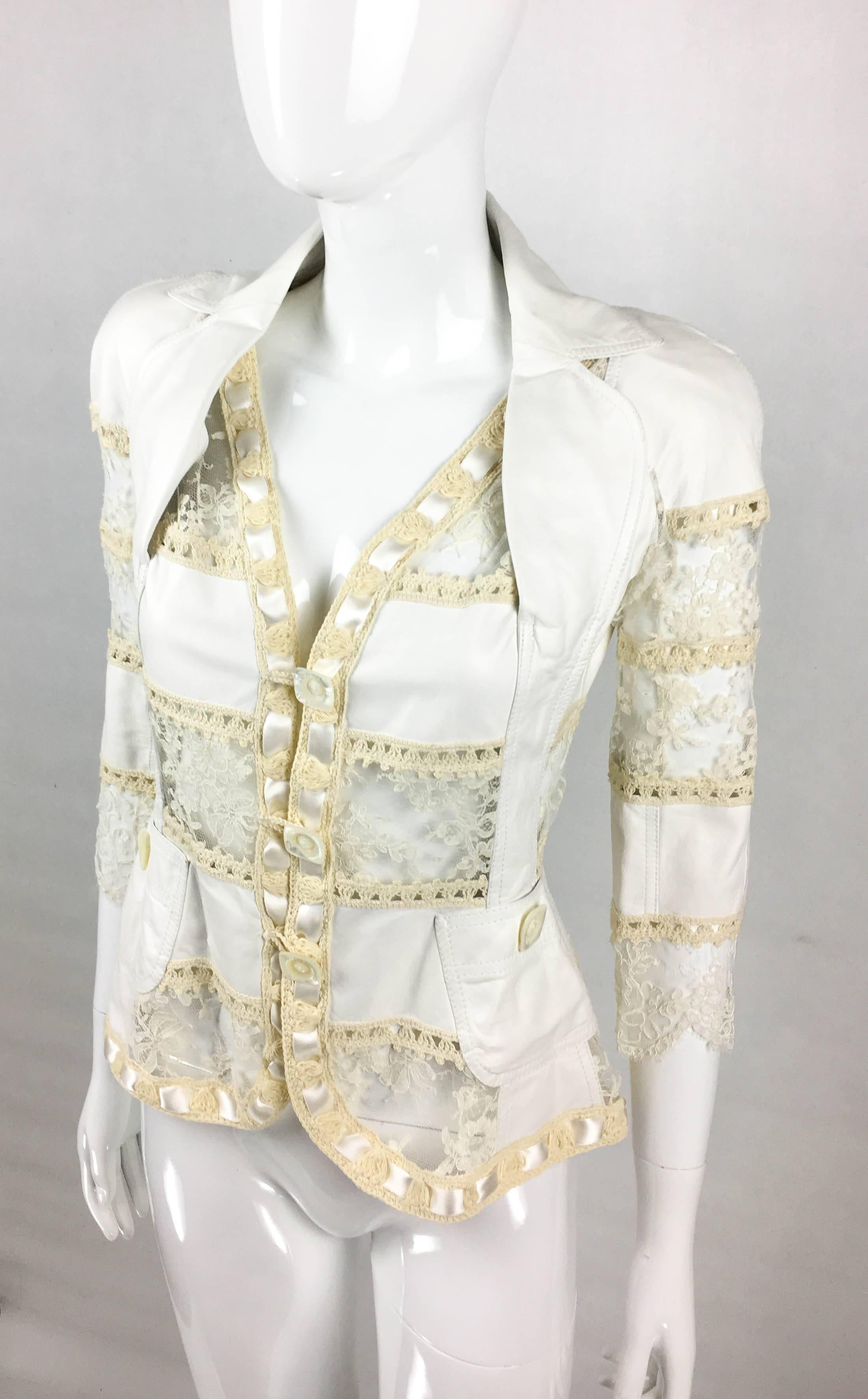 2005 Dior by Galliano Add Campaign and Runway Look White Leather and Lace Jacket 1