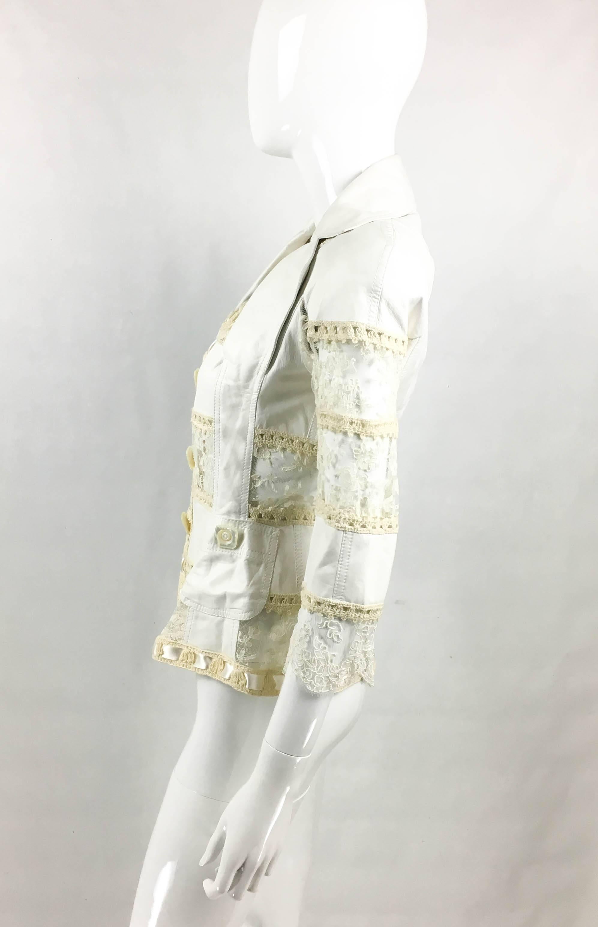 2005 Dior by Galliano Add Campaign and Runway Look White Leather and Lace Jacket 2