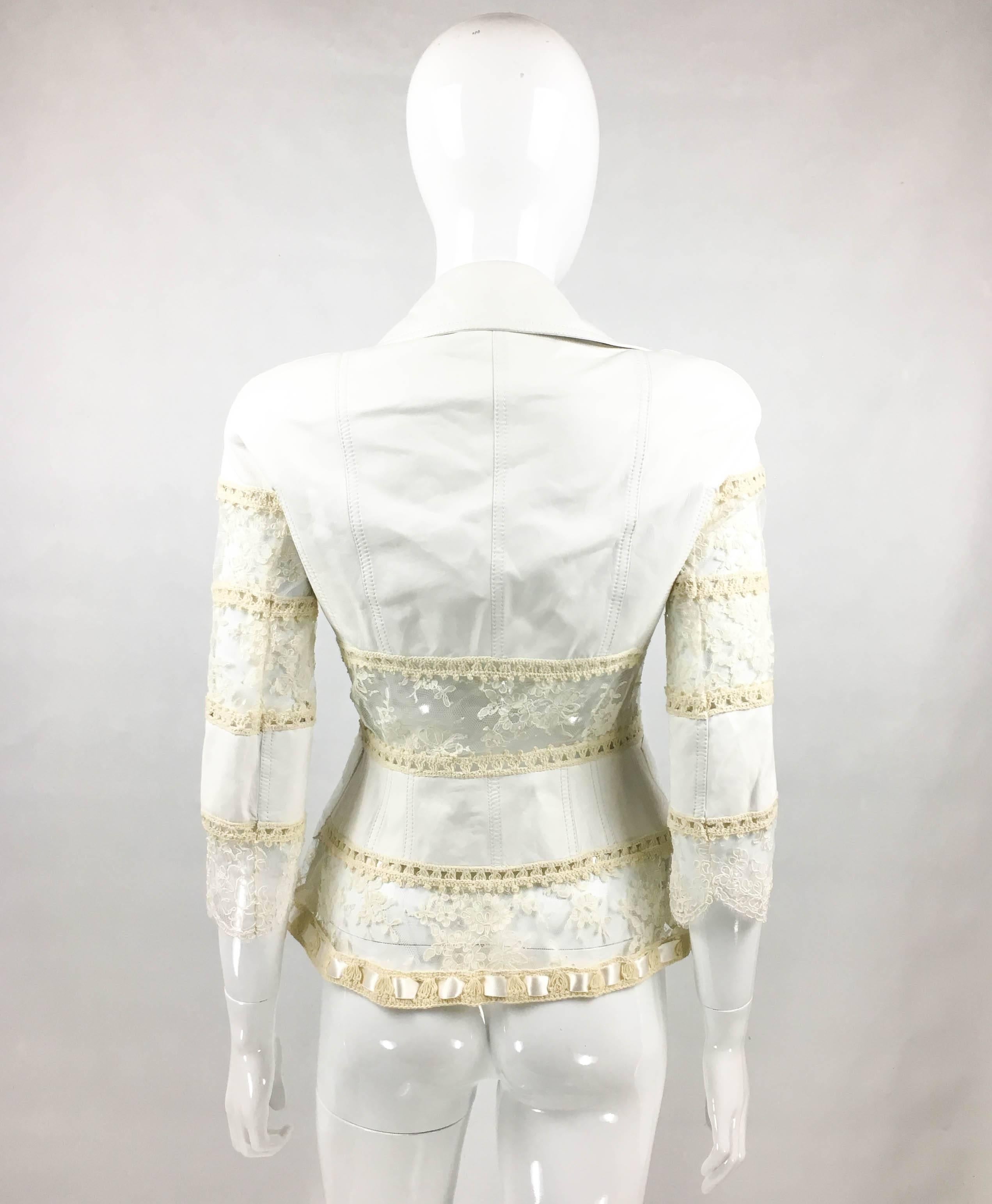 2005 Dior by Galliano Add Campaign and Runway Look White Leather and Lace Jacket 3