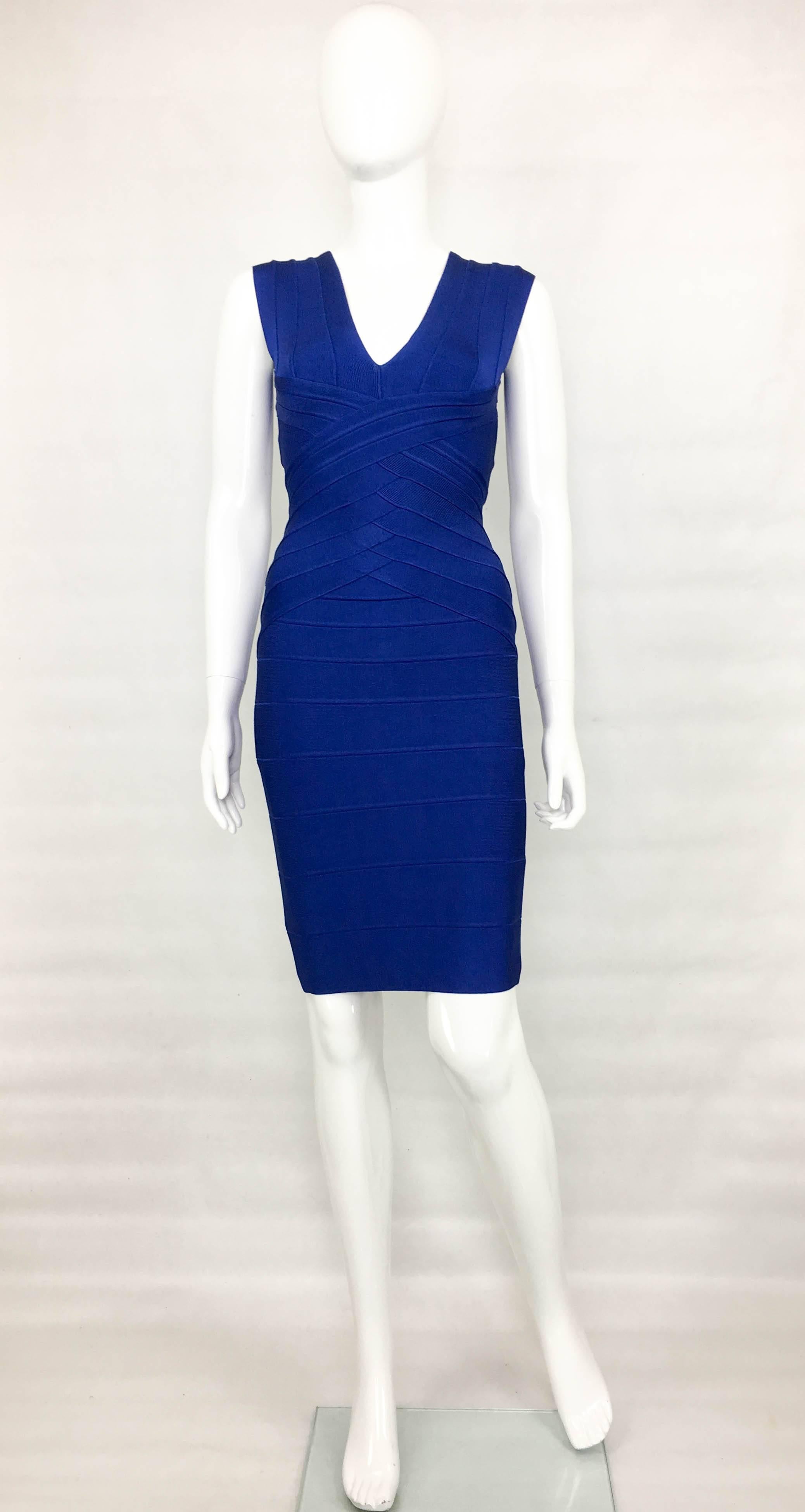 Herve Leger Royal Blue Bandage Dress. Made in stretchy jersey, this is the perfect dress for to steal the spotlight. This tight, bandage design contours the body well creating a very flattering silhouette. Sleeveless, the closure is by a hidden