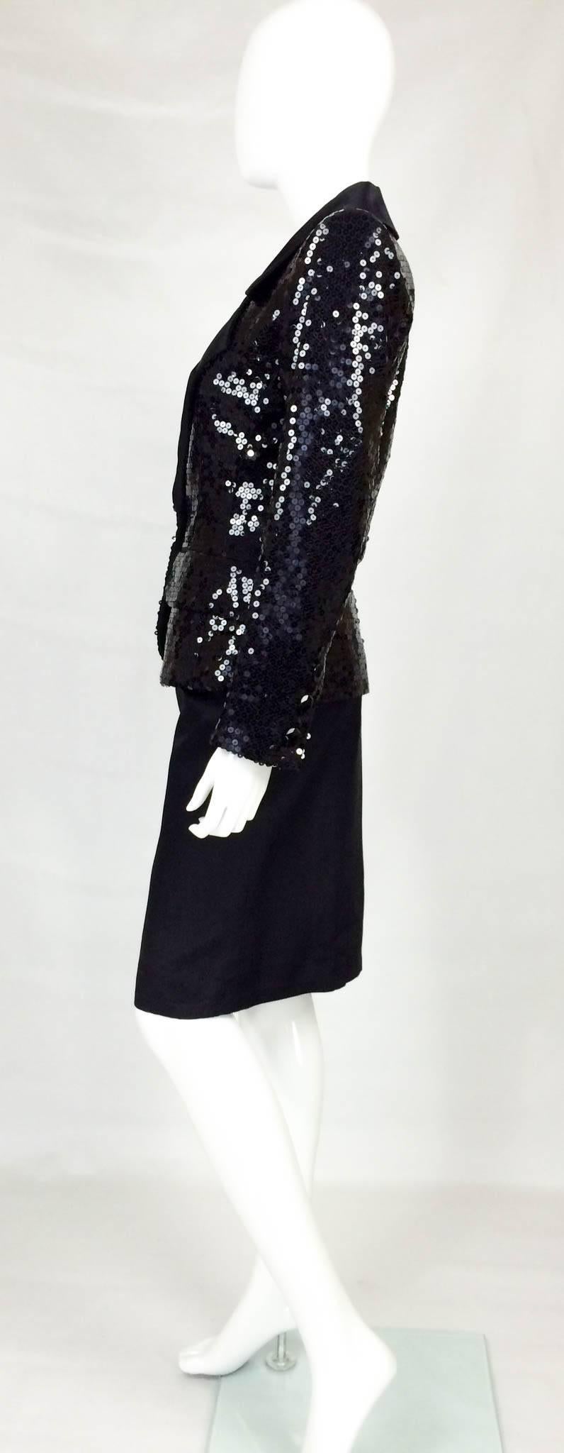 Black 1980 Yves Saint Laurent Le Smoking Sequin Jacket, Long and Short Skirt Suit For Sale