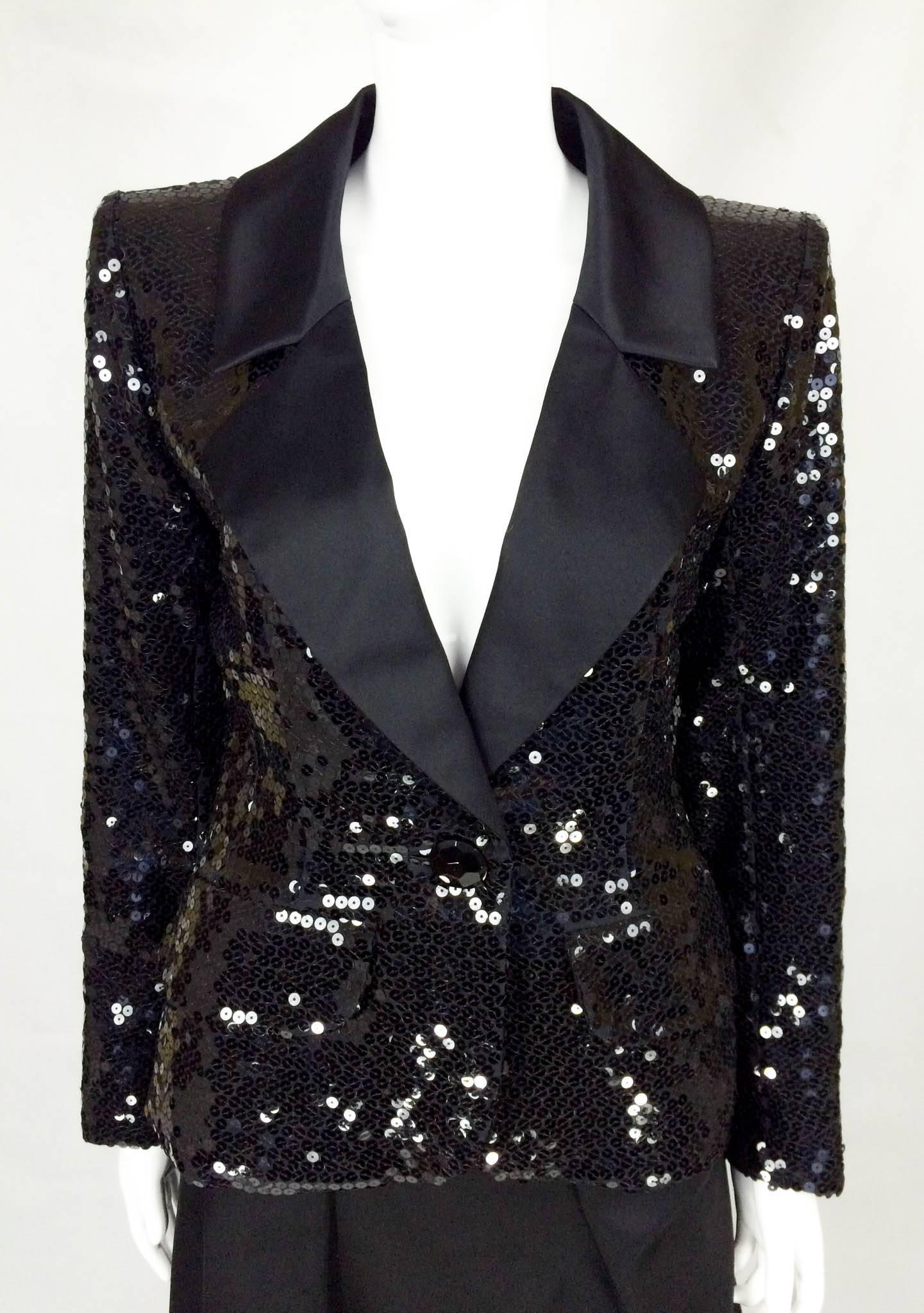 1980 Yves Saint Laurent Le Smoking Sequin Jacket, Long and Short Skirt Suit For Sale 1